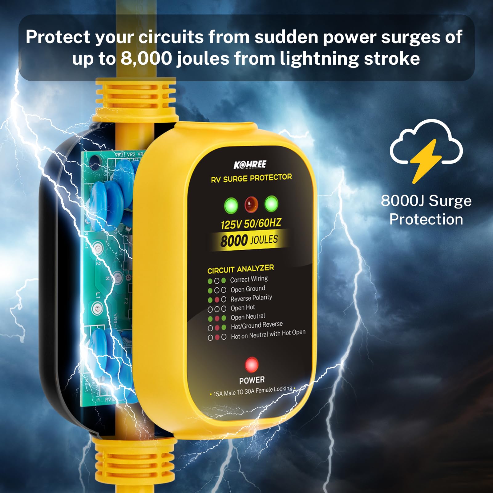 Kohree 30 Amp To 110V Rv Adapter With Surge Protection, 8000 Joules 15 Amp To 30 Amp Rv Power Adapter 21'' With Twist Lock, Circ