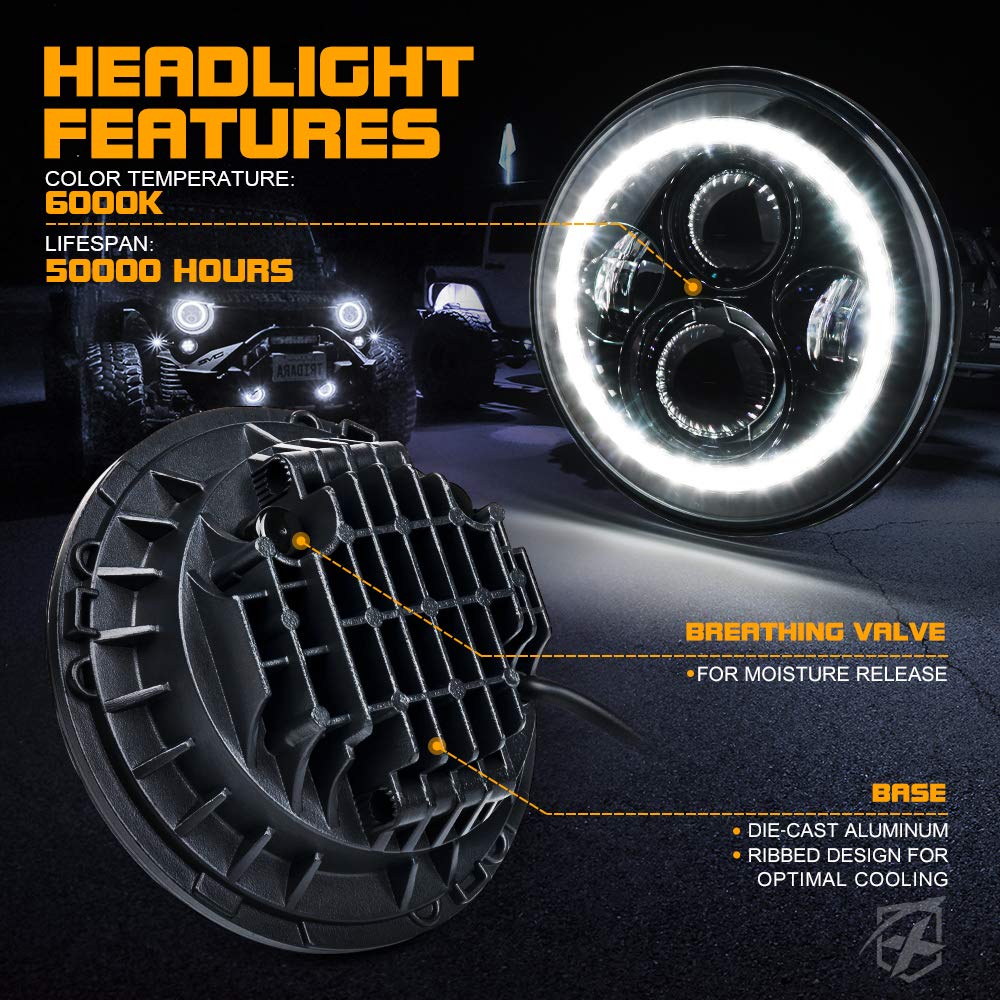 Xprite 7 Inch 90W Led Headlights & 4 Inch 60W Fog Lights Combo W/White Halo Lights Compatible With 2007-2018 Jeep Wrangler Jk, D