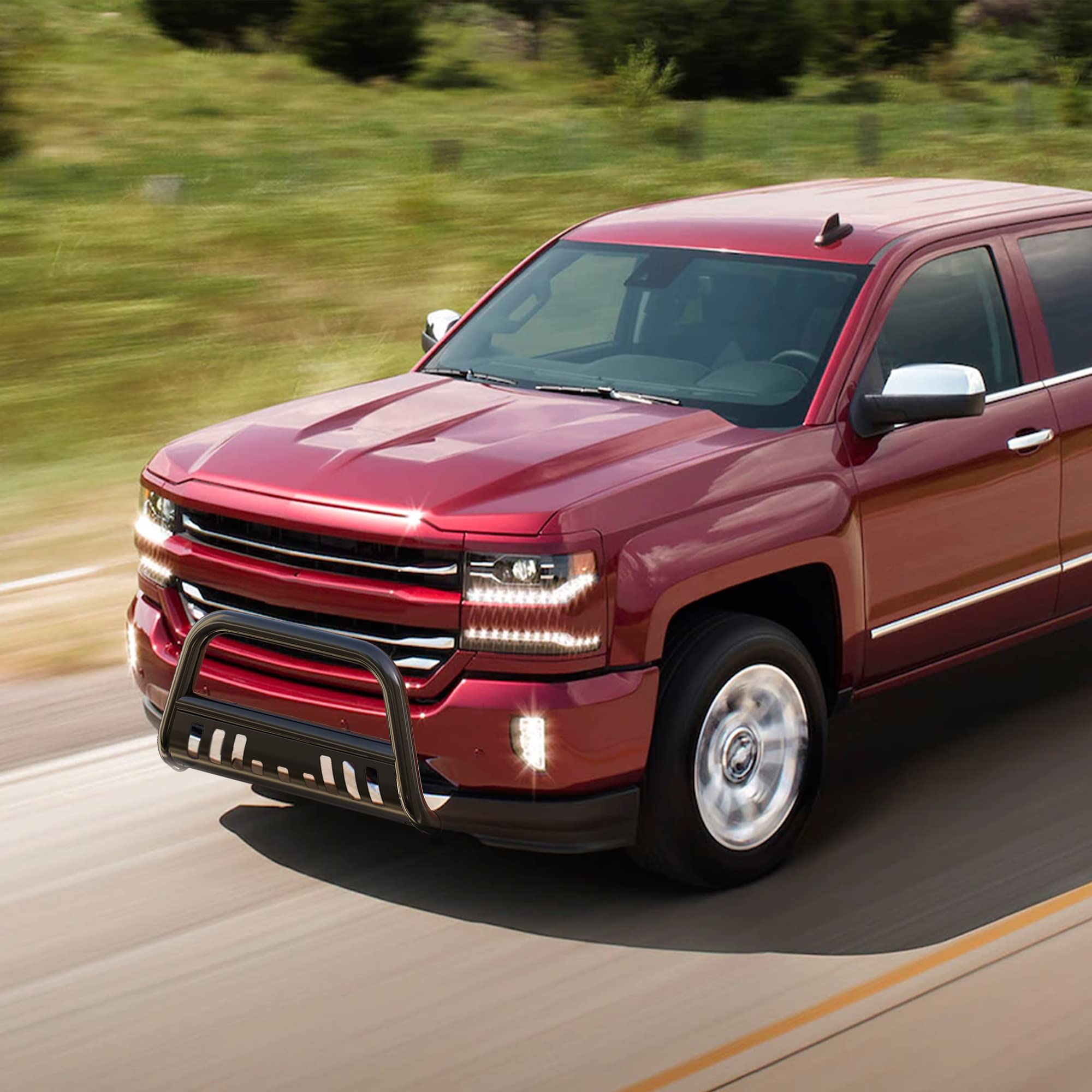 AUTOSAVER88 Bull Bar Compatible for 07-18 Chevy Silverado 1500/ GMC Sierra 1500/19 Chevy Silverado LD /07-20 Chevy Suburban/GMC Yukon 3' Grille Brush Push Guard w/Skid Plate Light Mounting Holes