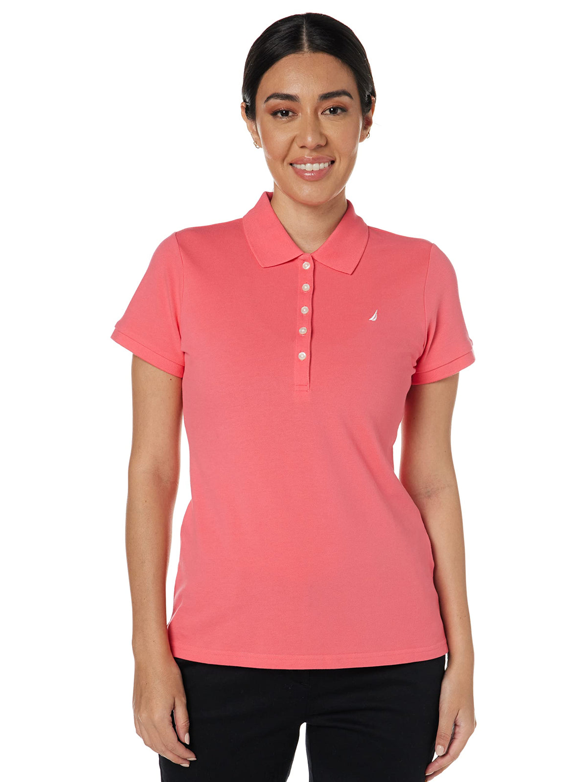 Nautica Womens 5-Button Short Sleeve Breathable 100 Cotton Polo Shirt, Melon Pink, Large