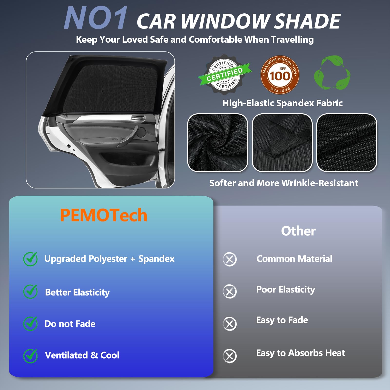 Pemotech Car Window Shades(2 Pack)-Certified Car Side Window Sun Shades, Uv Protection Breathable Spandex Baby Window Covers, Universal Fit Most (99%) Of Cars, Protect Privacy For Family (27.2'X39.8')