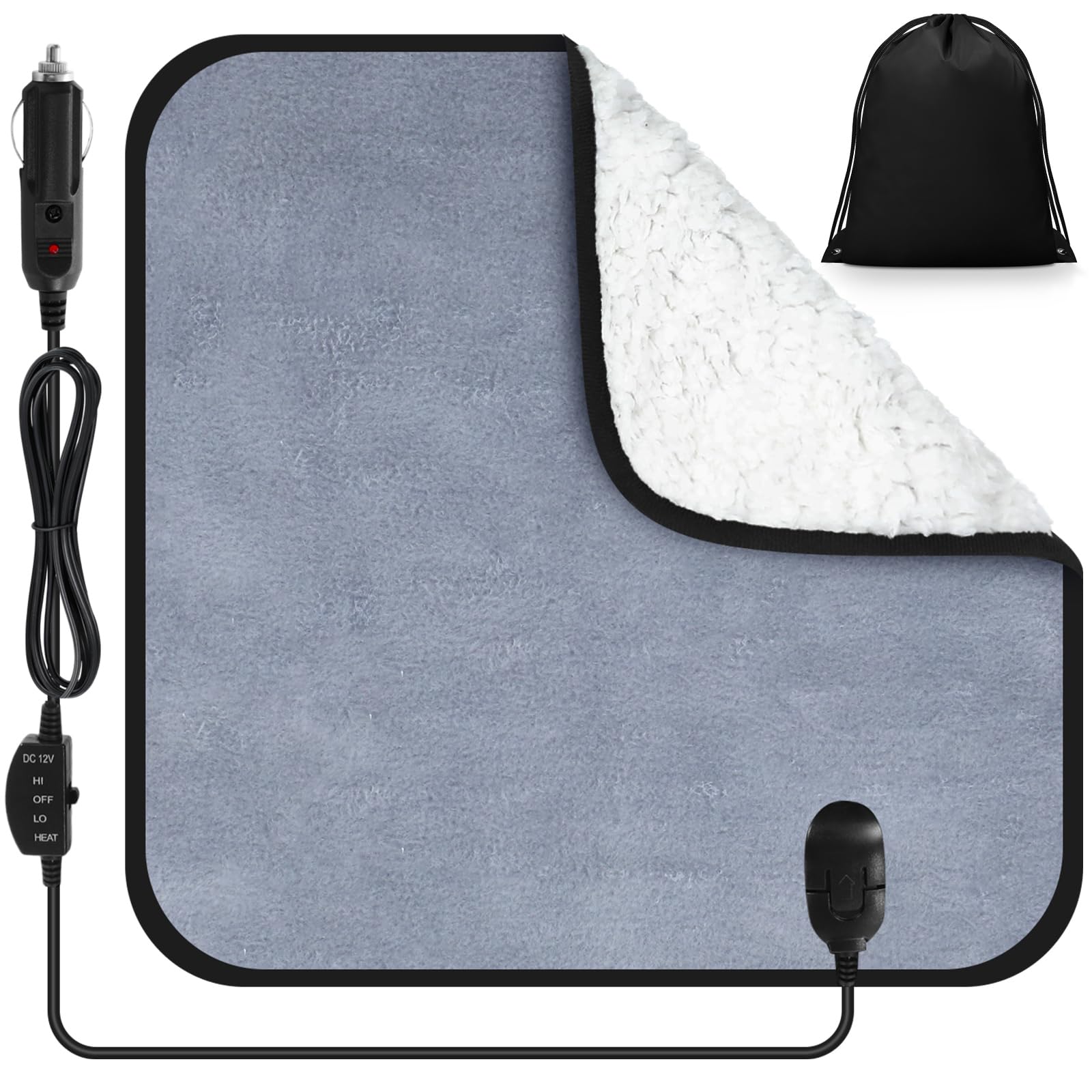Tuanse 16 x 16 Inches Car Electric Blanket 12 Volt Heated Car Blanket with Temperature Controller and Black Storage Bag Cold Wea
