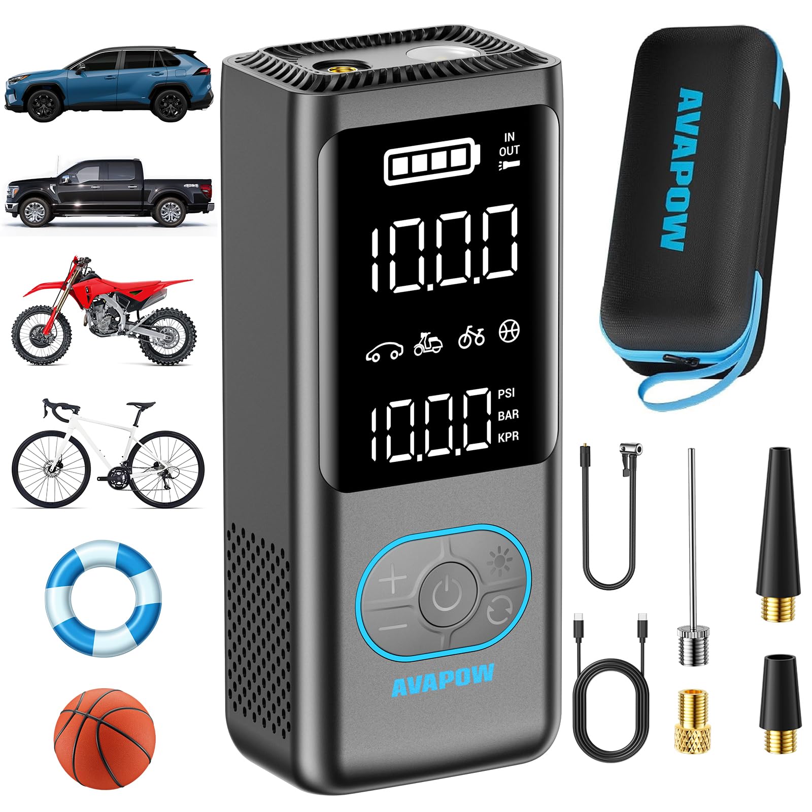 AVAPOW Tire Inflator Portable Air Compressor, 150 PSI Cordless Car Tire Air Pump with Pressure Gauge, 3.7 LCD Screen
