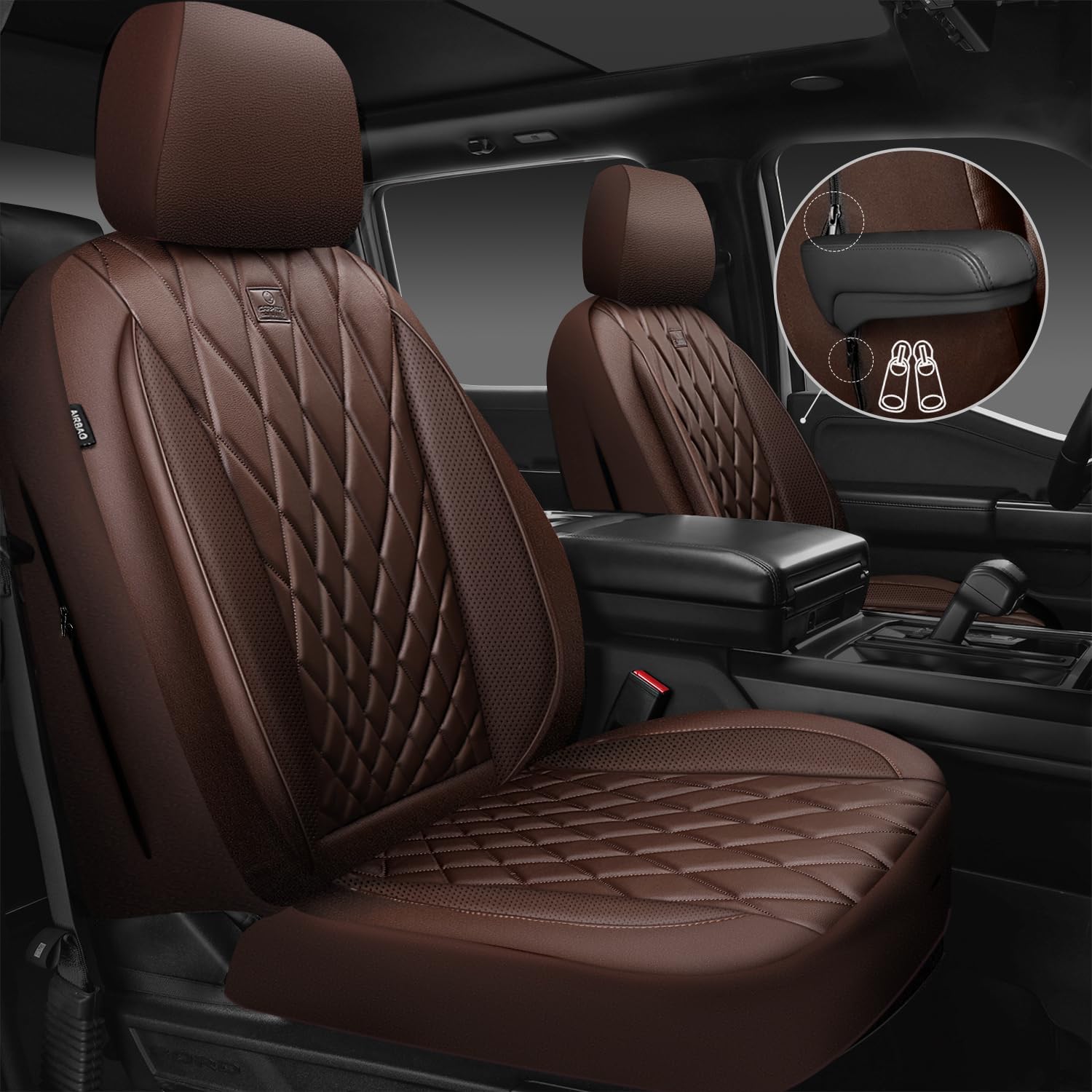 Car Pass Piping Luxury Faux Pu Leather Two Front Car Seat Covers, Waterproof Anti Slip Seat Covers Compatible With Front Seat Ar