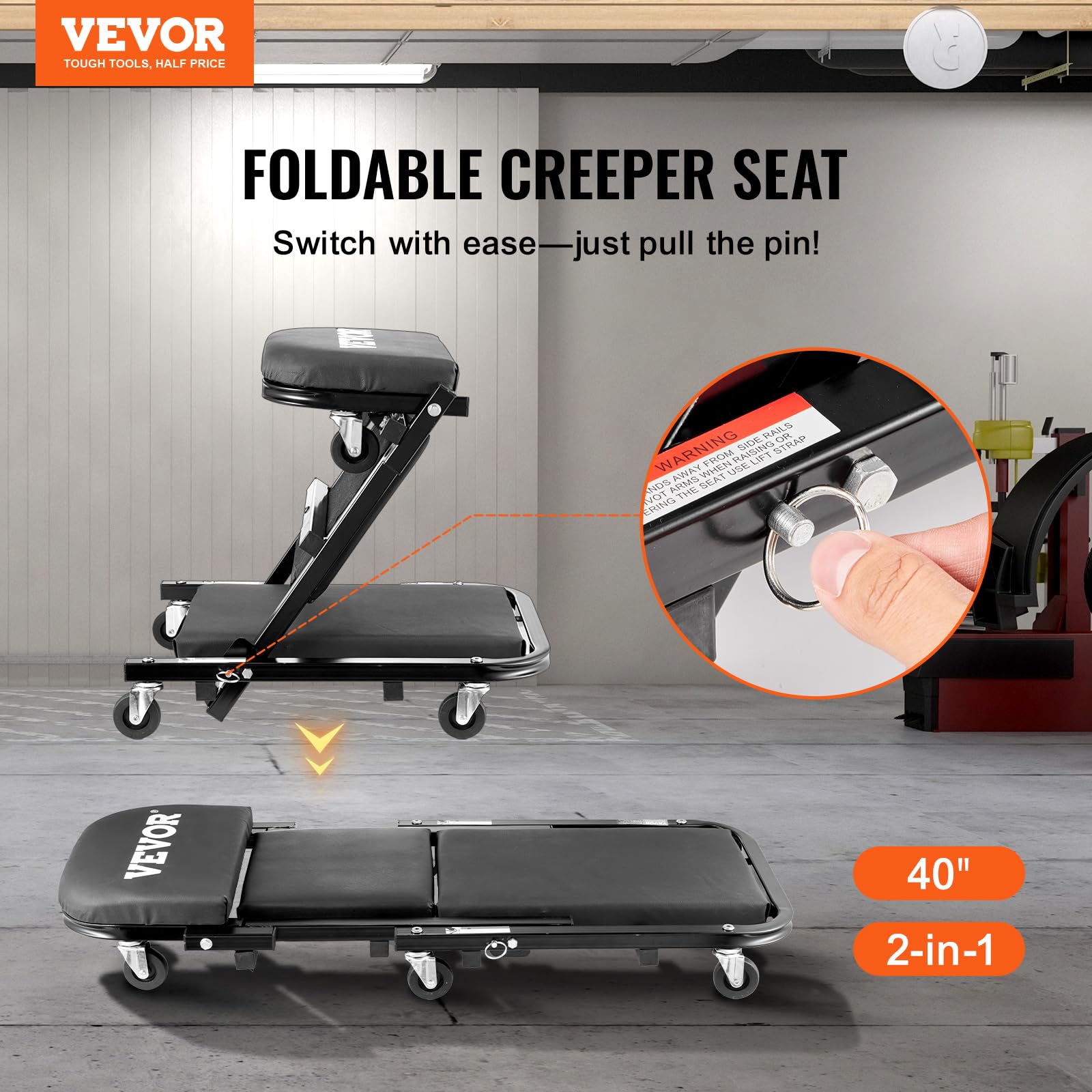 Vevor Foldable Z Garage Creeper, 40 In, 450 Lbs Load Capacity Rolling Folding Mechanic Creeper Stool, With 6 Universal Wheels Pa