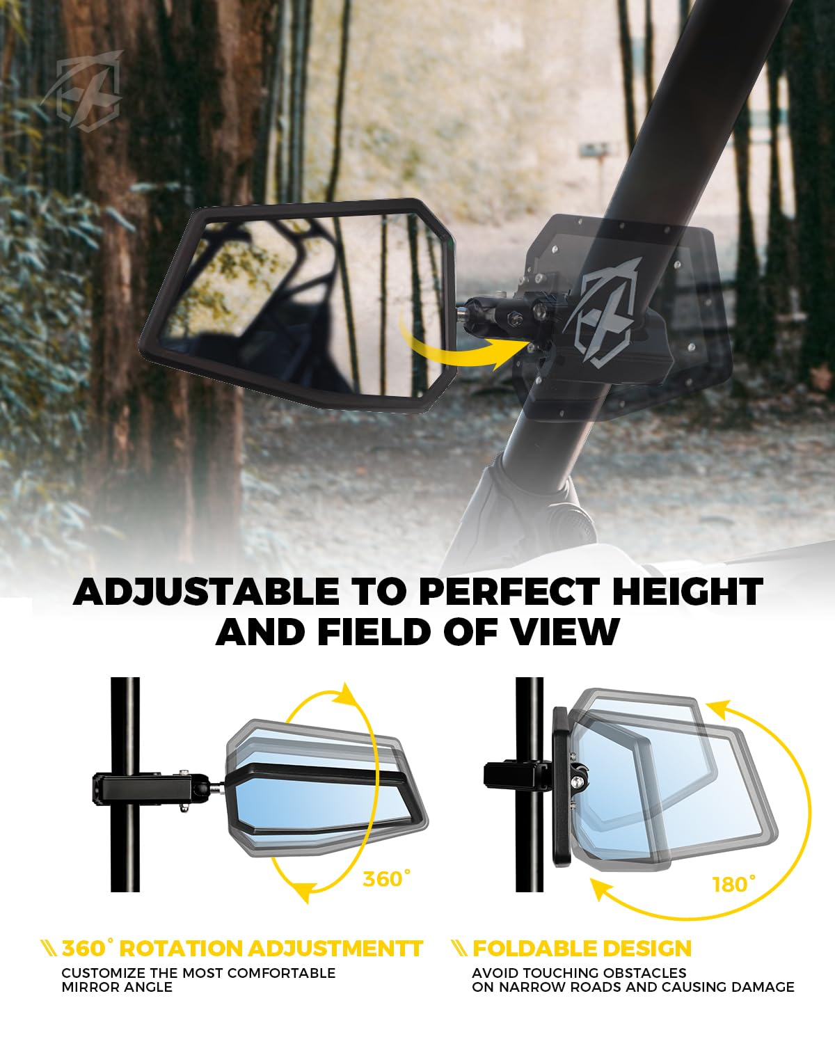 Xprite Utv Side Mirrors Fits 1.75''-2 Inch Roll Bar Cage, Heavy-Duty Aluminum Rear View Mirror Adjustable Bracket For Off-Road,