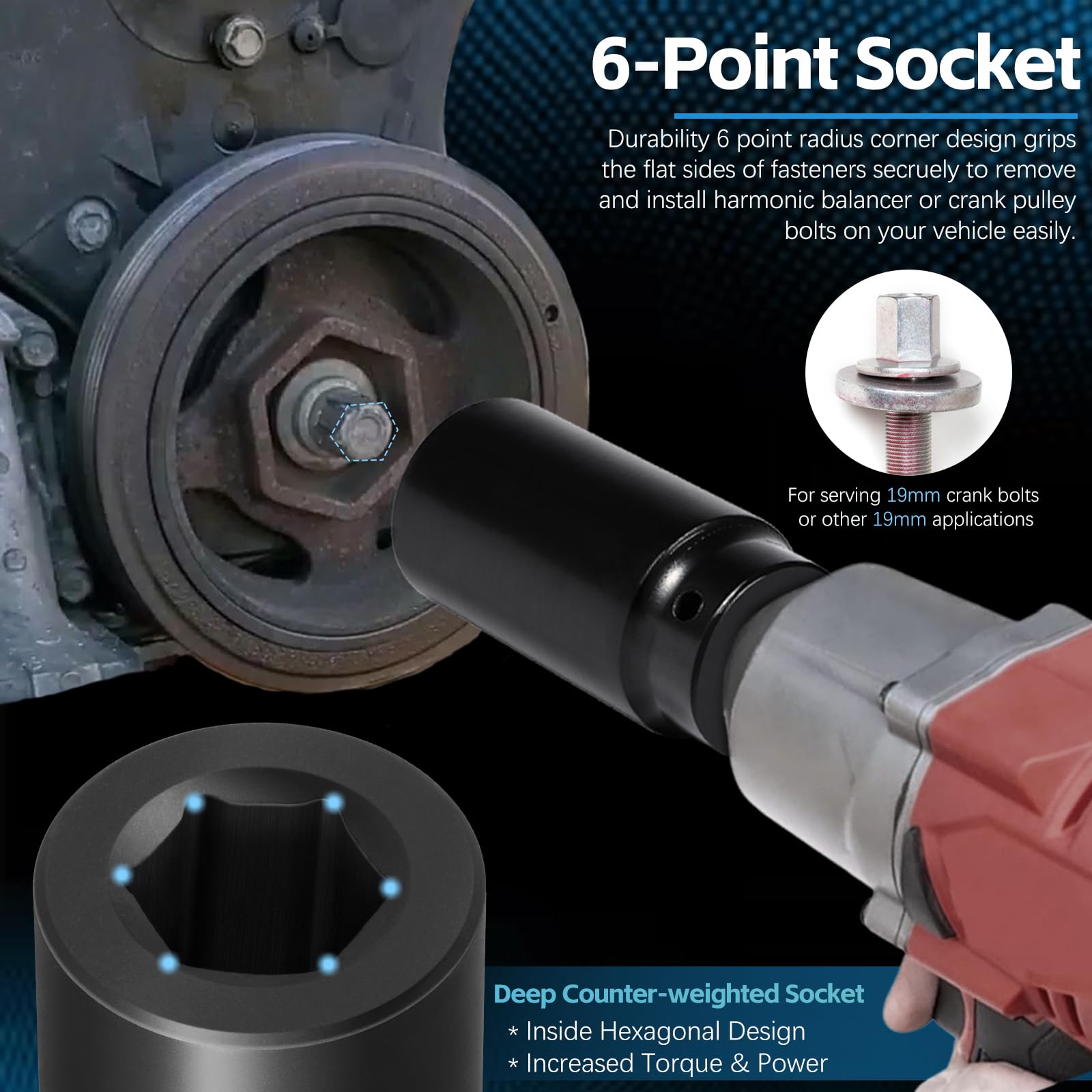 Harmonic Balancer Socket Tool 77080 For Honda 19Mm Crank Bolt Socket, 3 Times Momentum Power Of Standard Impact Sockets, Deep Co