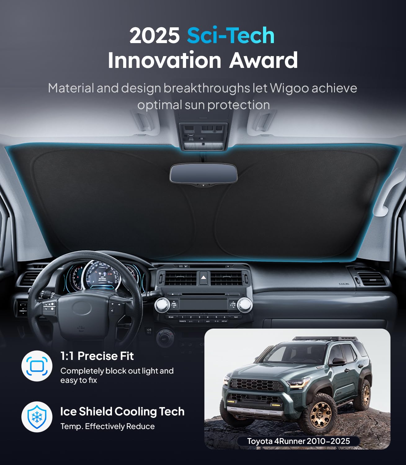 Wigoo For Toyota 4Runner 2010-2025 Windshield Sunshade [100% Sun Block, 4Th-Gen Cooling Tech] Foldable Heat Insulation Front Win