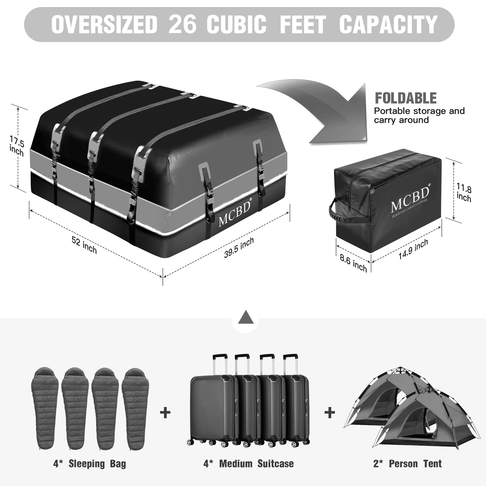 Rooftop Cargo Carrier, 26 Cubic Feet Soft-Shell Waterproof Car Roof Luggage Bag For All Vehicles Suv With/Without Rails, Includes 10 Reinforced Straps 6 Door Hooks Suitable, Storage Bag,Anti-Slip Mat