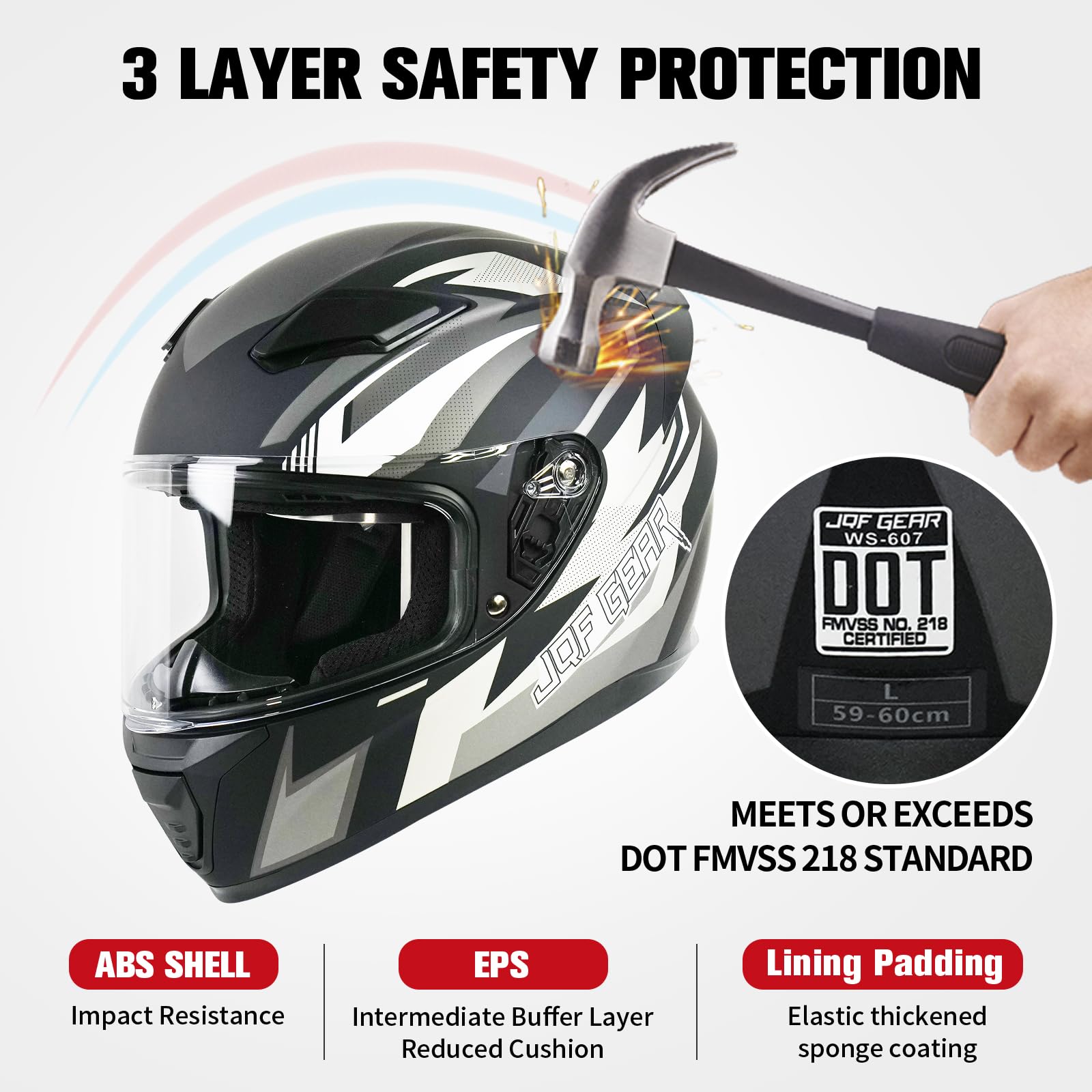 Jqf Gear Full Face Motorcycle Helmet Ws-607 Dot Approved Motorbike Racing Street Bike Helmets For Adults With Visor (Gray Ash, S