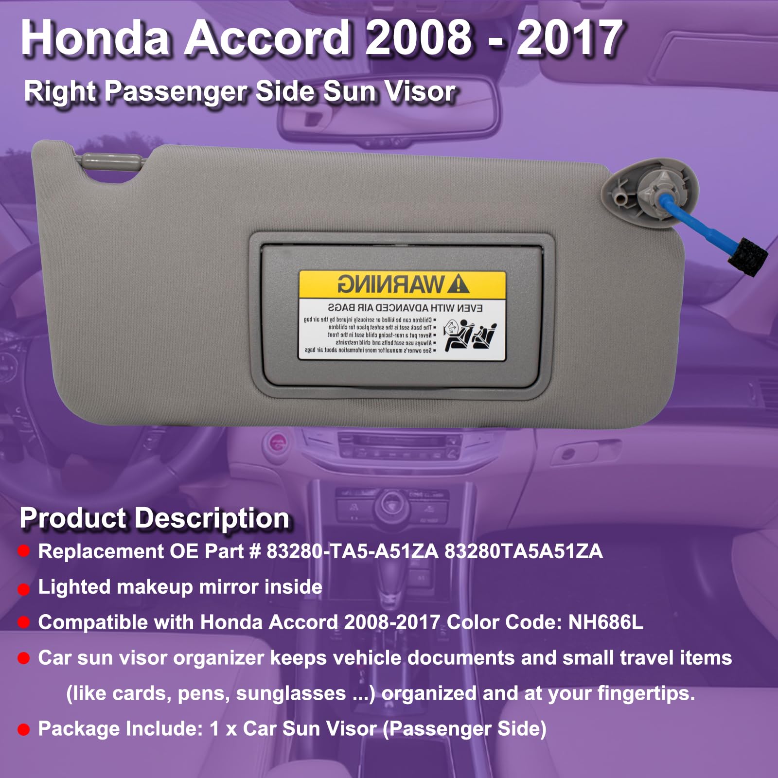 Passenger Right Sun Visor Compatible With Honda Accord 2008 2009 2010 2011 2012 2013 2014 2015 2016 2017 With Light Oem : 83230Ta0A91Za (Grey)