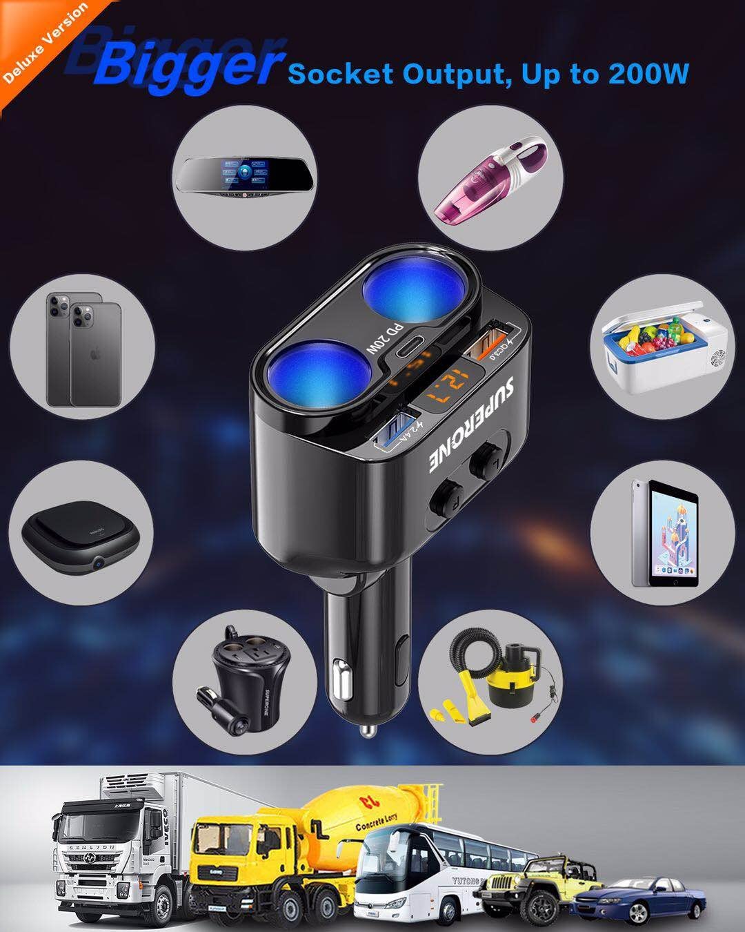 SUPERONE 200W 2-Socket Cigarette Lighter Splitter Power Adapter, USB C Car Charger with 20W Power Delivery 3.0 & QC 3.0 for iPho