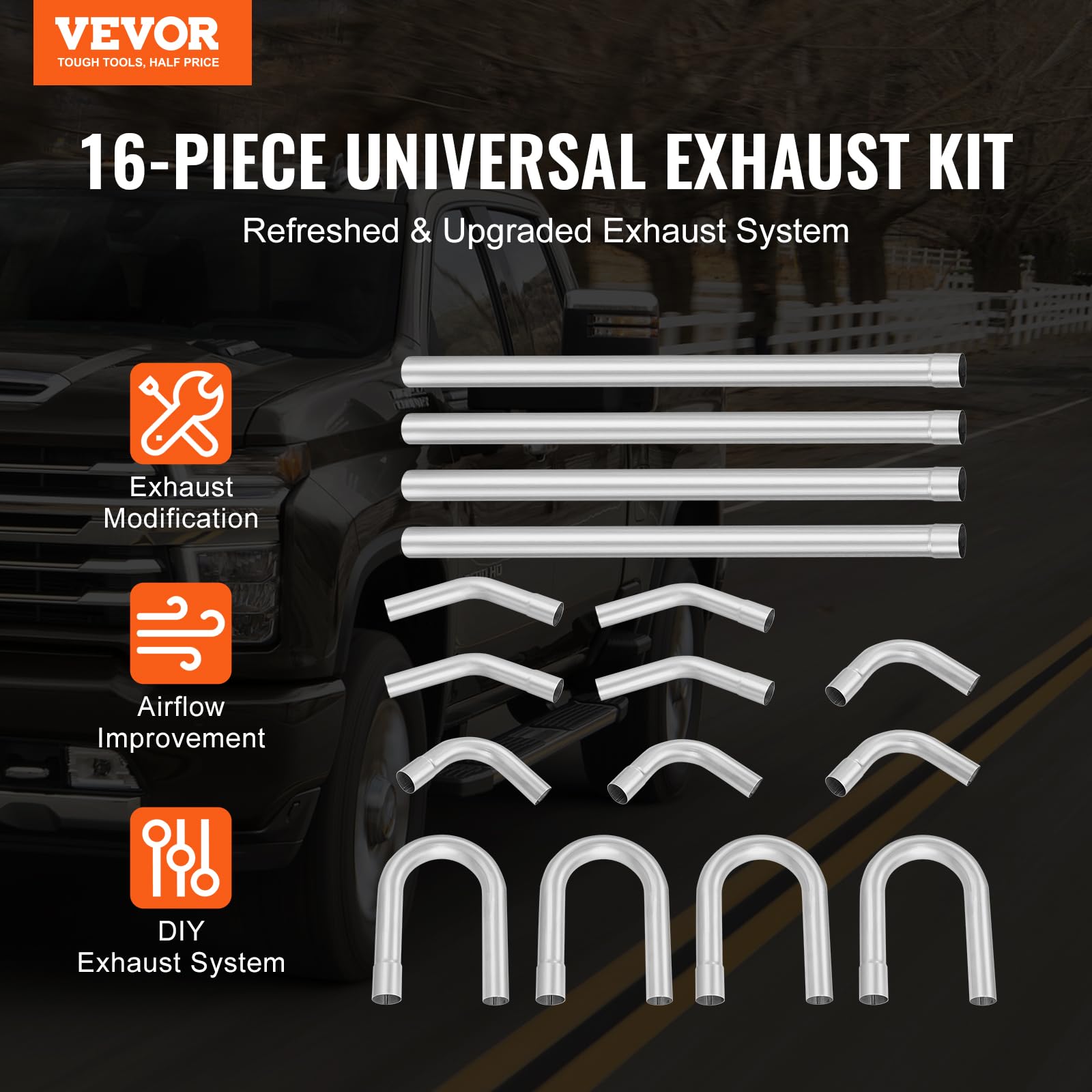 VEVOR 2'' Exhaust Kit, 16pcs, DIY Universal Galvanized Steel Exhaust Kit with Slip-Fit Joint & Large Exhaust Tube, Rust-Proof Ex