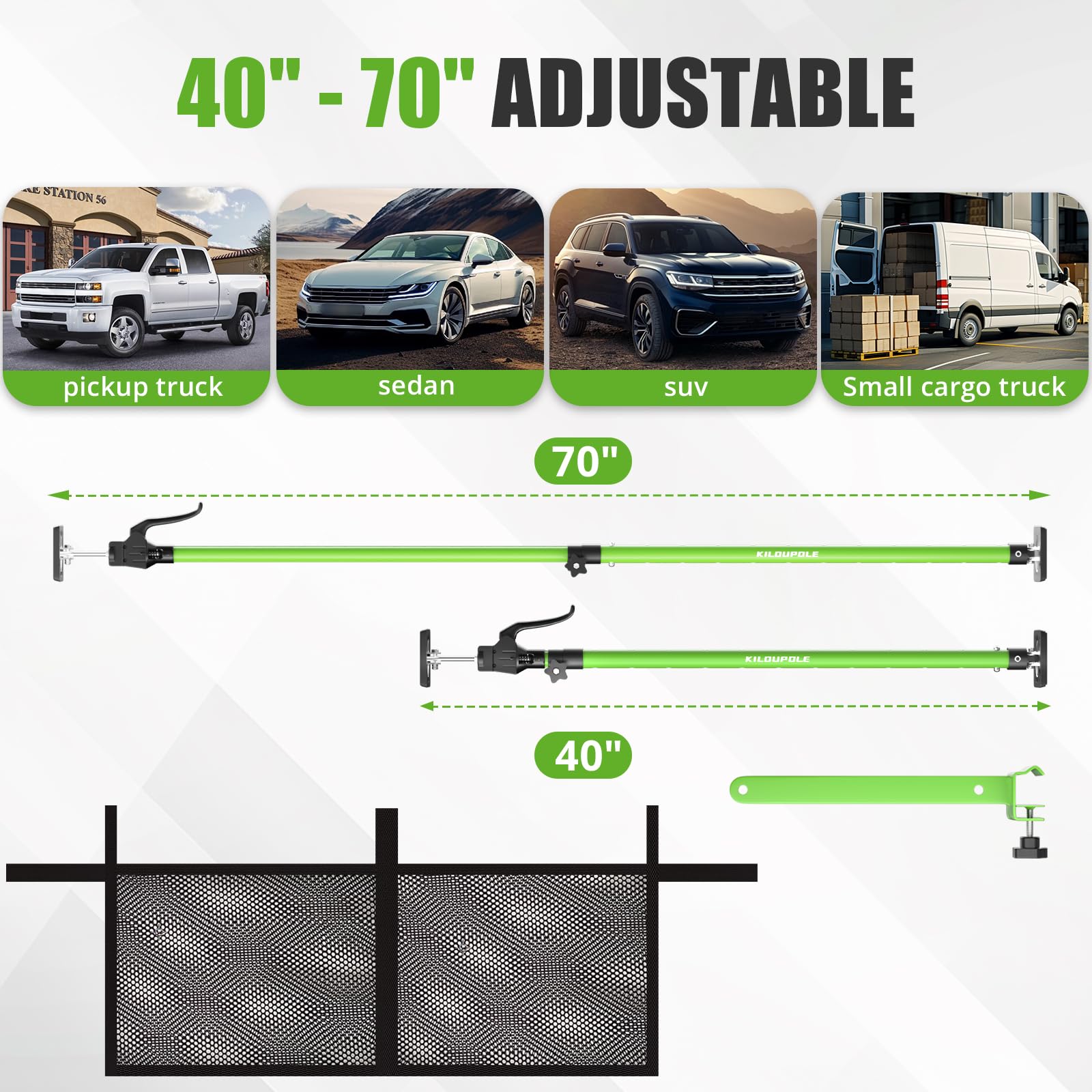 Kiloupole Adjustable Cargo Bar, 40'' To 70'' Non-Slip Truck Bed Divider, Cargo Bar For Pickup Truck Bed Cargo Bars For Suvs, Tra