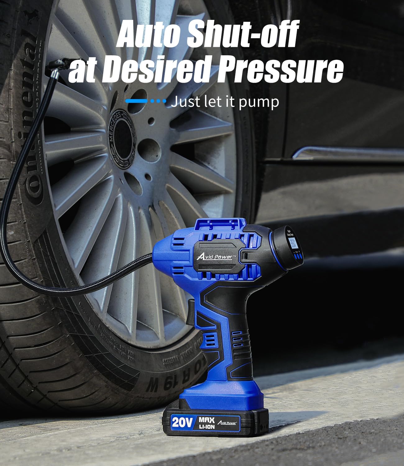 Avid Power Tire Inflator , Car Air Compressor , 20V Cordless With Rechargeable Li-Ion Battery , 12V Car Power Adapter , Digital