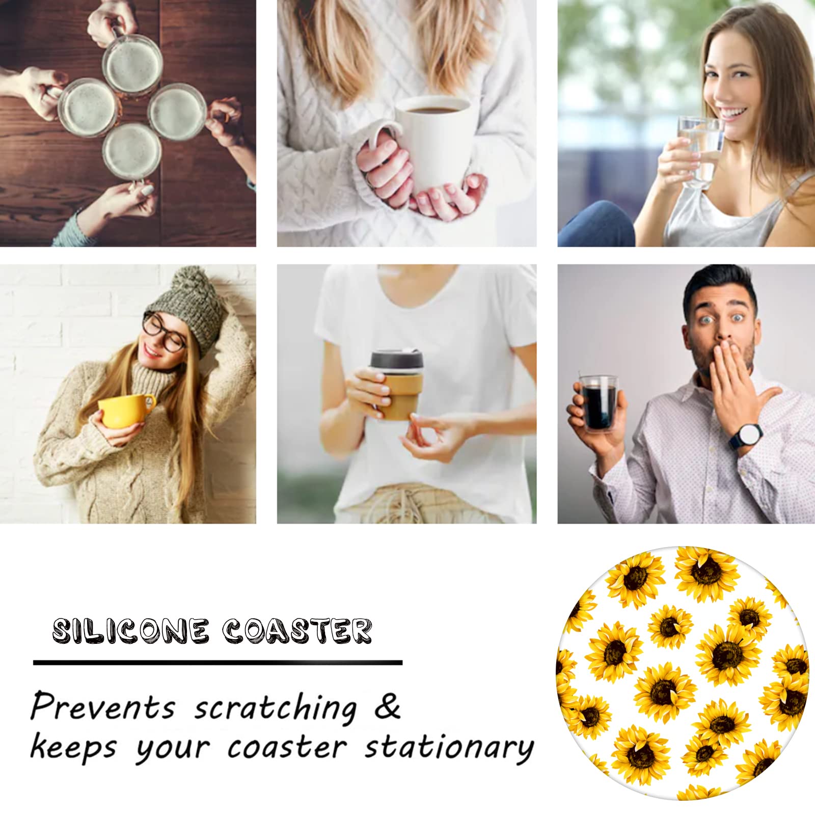 Yellow Sunflower Flower Steering Wheel Cover for Women Men with 2 Pcs Car Coasters, Universal 14.5-15 Inch Rainbow Steering Whee