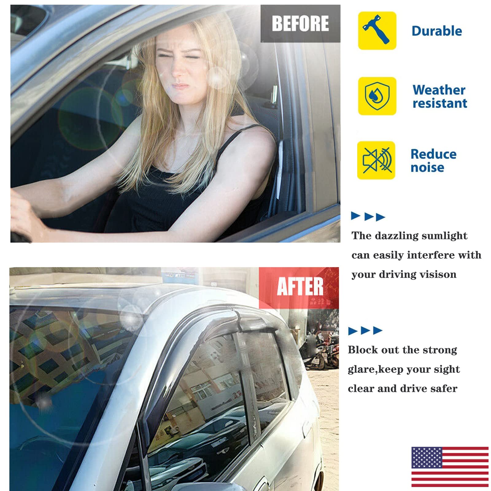 Window Visors Rain Guards Smoke Car Sun Shades Window Deflectors Vent For 2016-2021 Honda Civic 4 Door Sedan, 4-Pieces Set