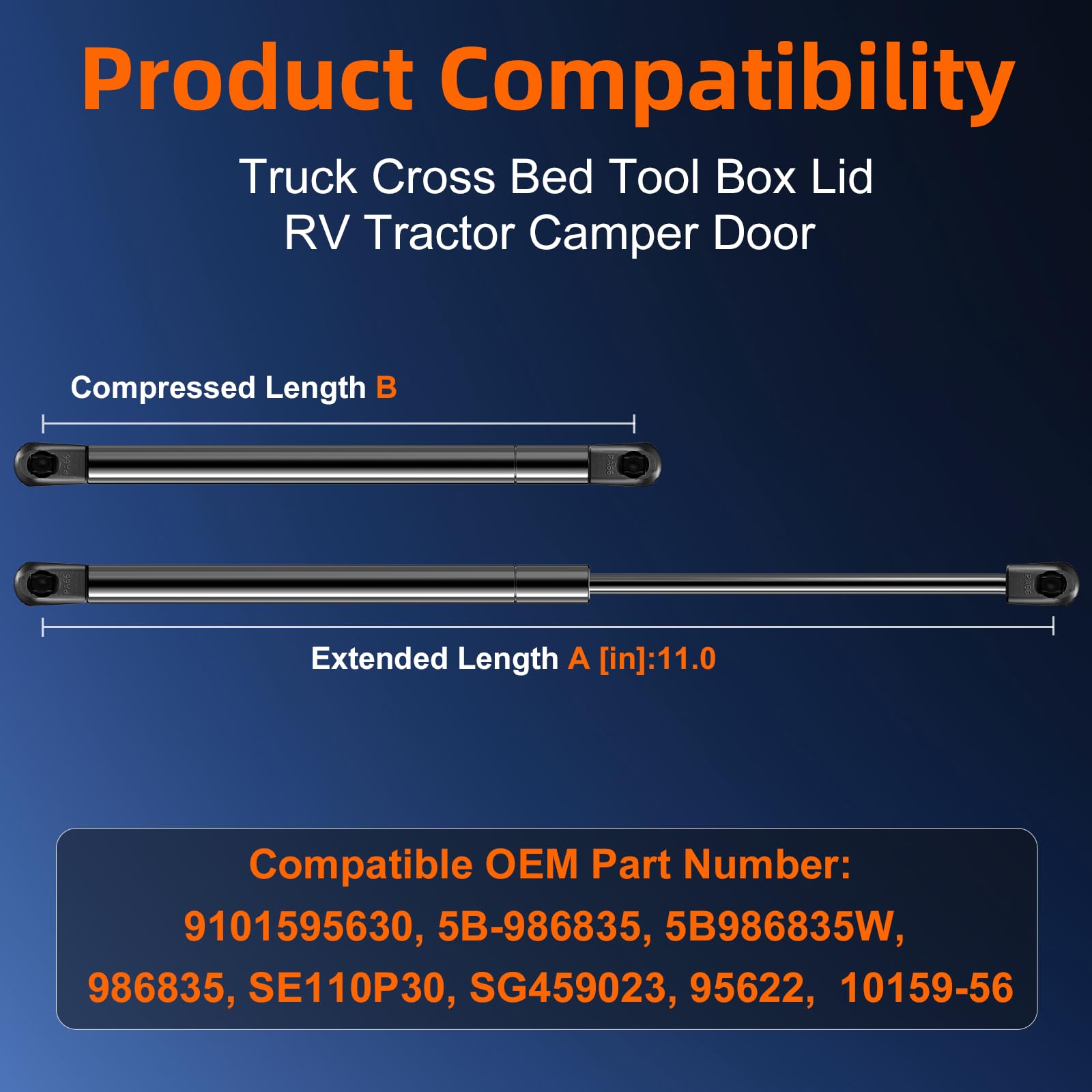 Qty (2) 10159-56 11In Universal Gas Strut Shock Spring Prop -35Lb/155N- Lift Support For Delta Single Lid Aluminum Crossover Tru