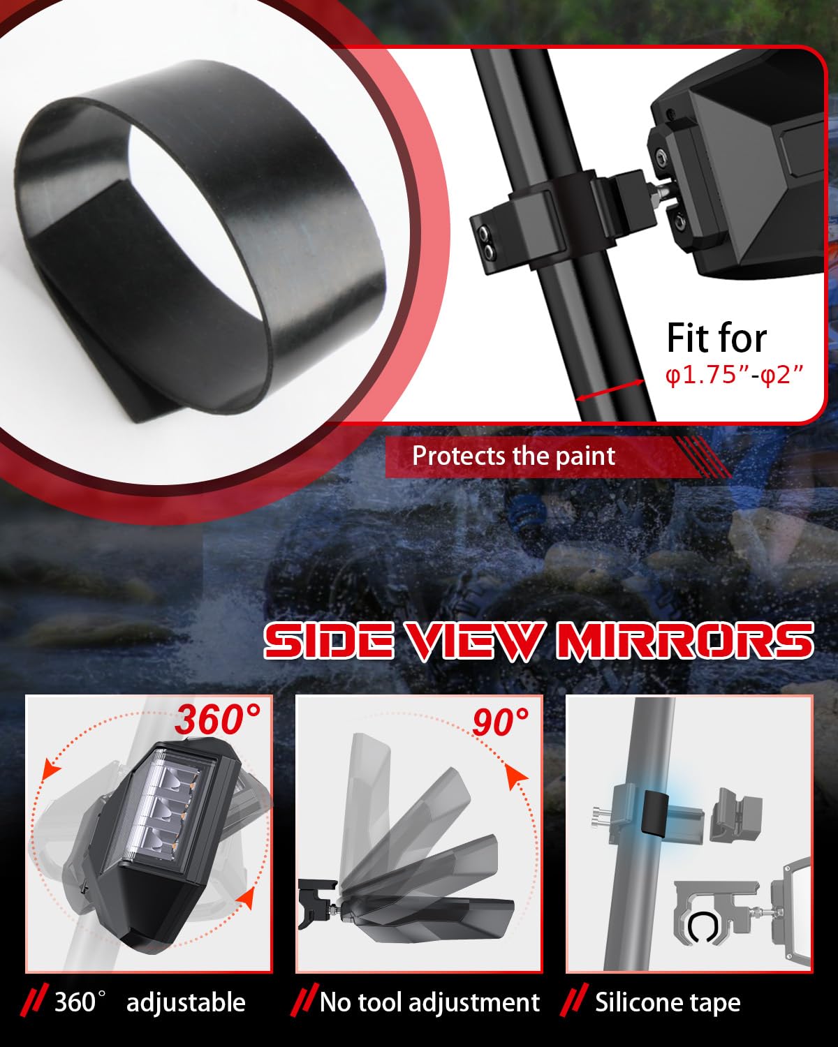 BraveWAY Side View Mirrors with Turn Signal + Work Lights Flood Beam for ATV UTV 1.75''-2'', Compatible with Pioneer Polaris RZR