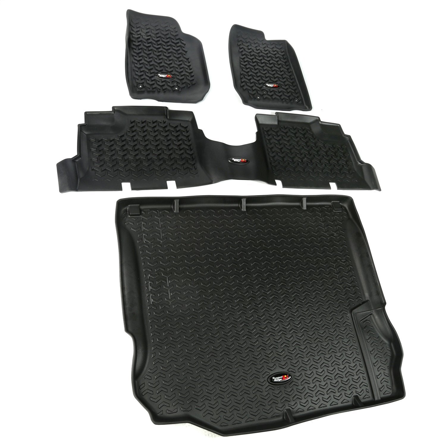 Rugged Ridge Floor Liner Set for Jeep Wrangler JKU | Front/Rear/Cargo, 4-Piece Set, All-Terrain, Black | 12988.04 | Fits 2011-20