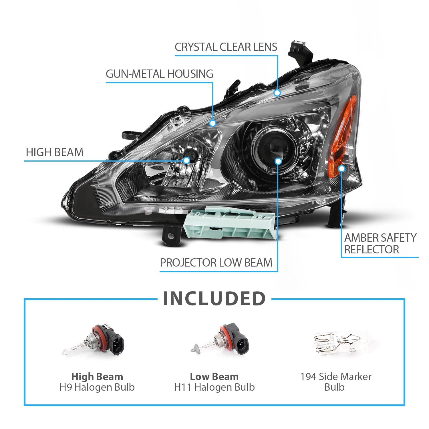 Amerilite For 2013-2015 Altima Sedan Gun Metal Tint Replacement Halogen Projector Headlight Pair - Driver And Passenger Side