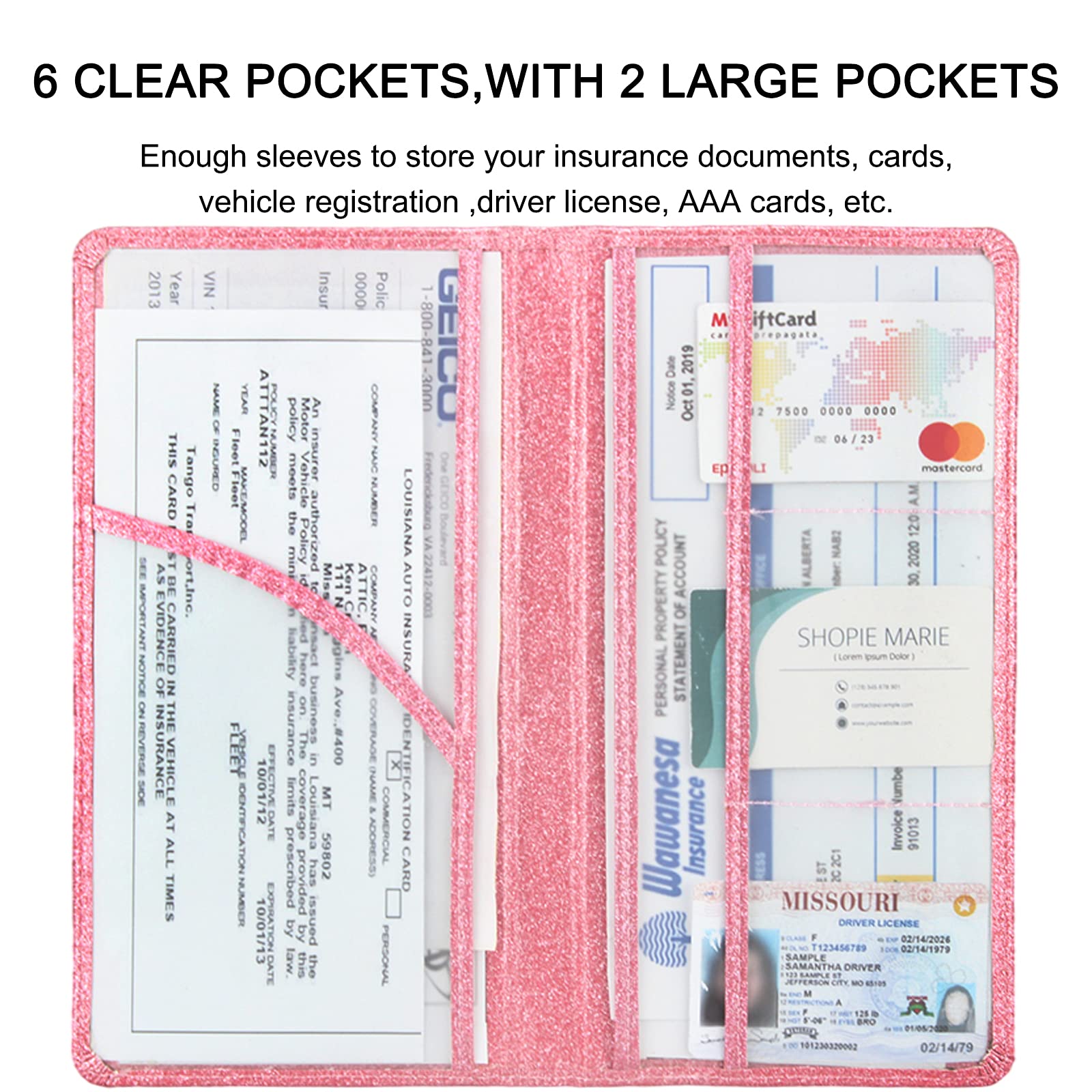 Car Registration And Insurance Holder, Premium Bling Leather Insurance And Registration Holder,Vehicle Glove Box Car Organizer,Wallet Accessories Case With Magnetic Shut For Cards, Essential Document, Driver License (Pink)
