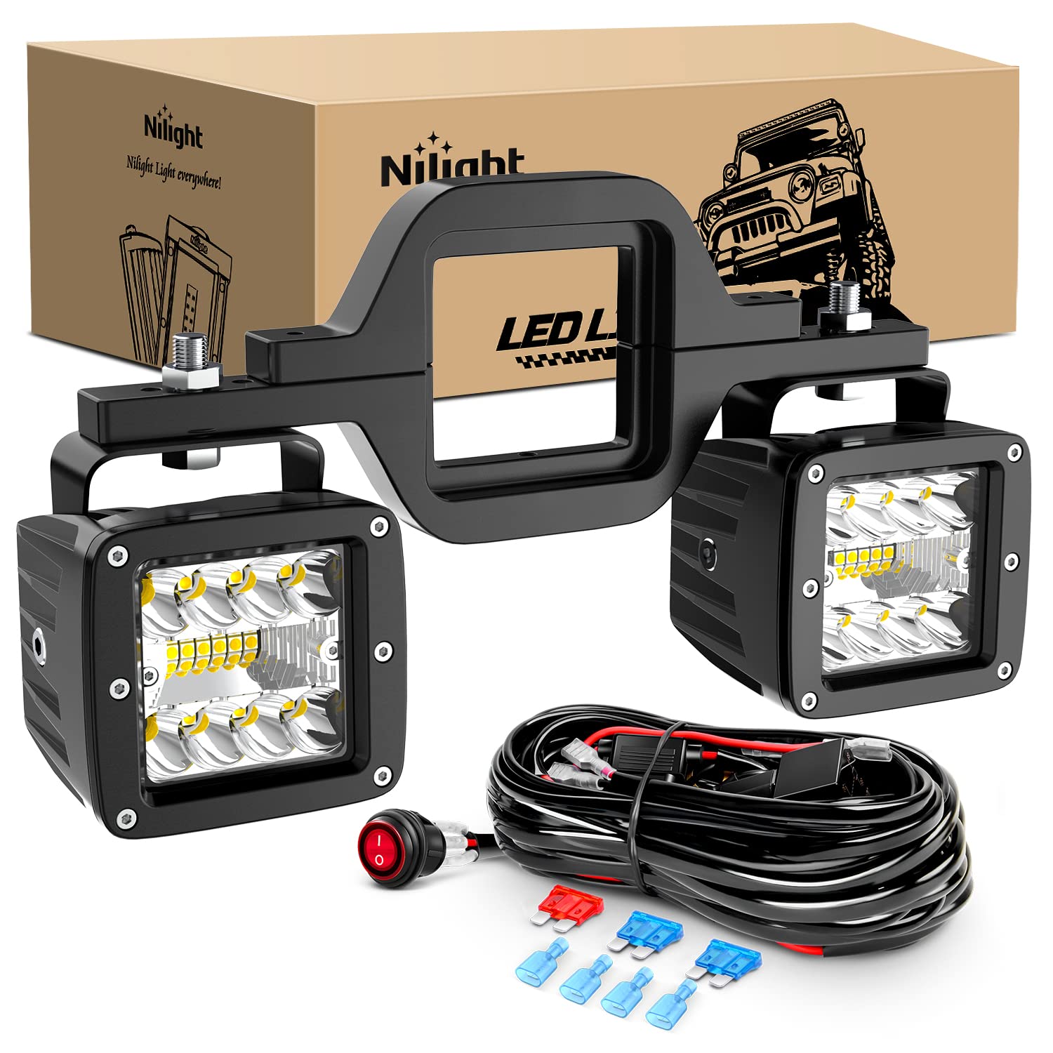 Nilight 2Pcs 3 Inch Led Pods Cubes 2 - 25 Inch Tow Hitch Mounting Brackets Led Backup Reverse Lights Rear Search Light Bar Wirin