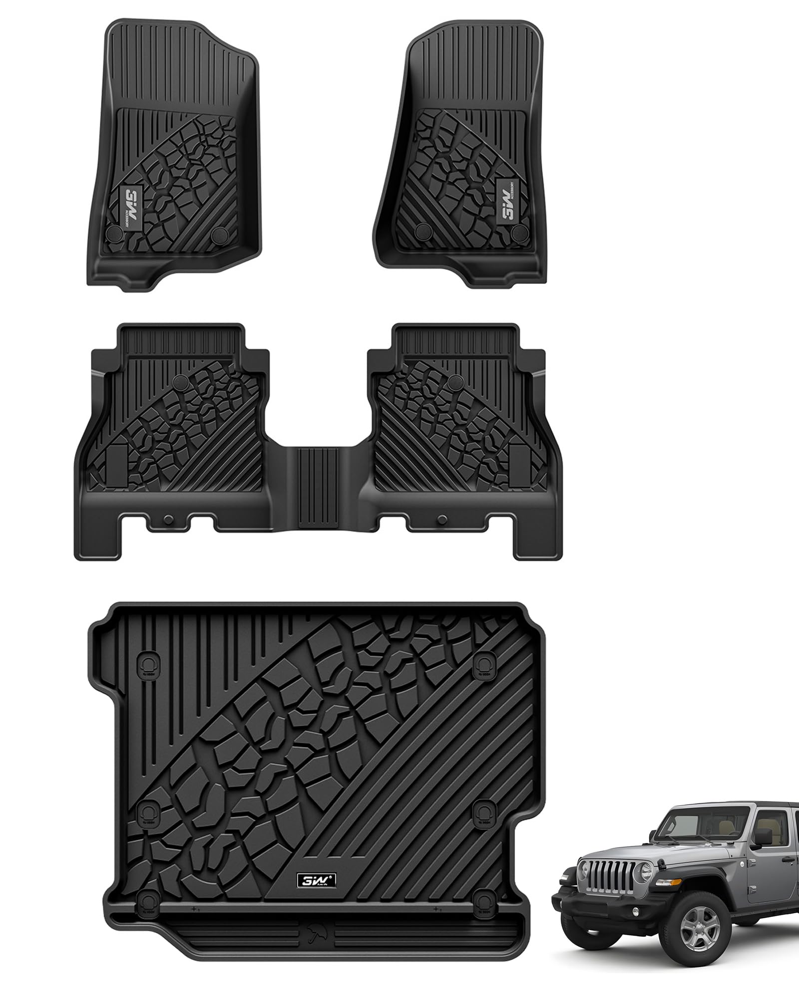 3W Floor Mats&Cargo Liner Fit For Jeep Wrangler Jl 2018-2024 Unlimited 4-Door Without Subwoofer (Non Jk Or 4Xe) All-Weather Tpe