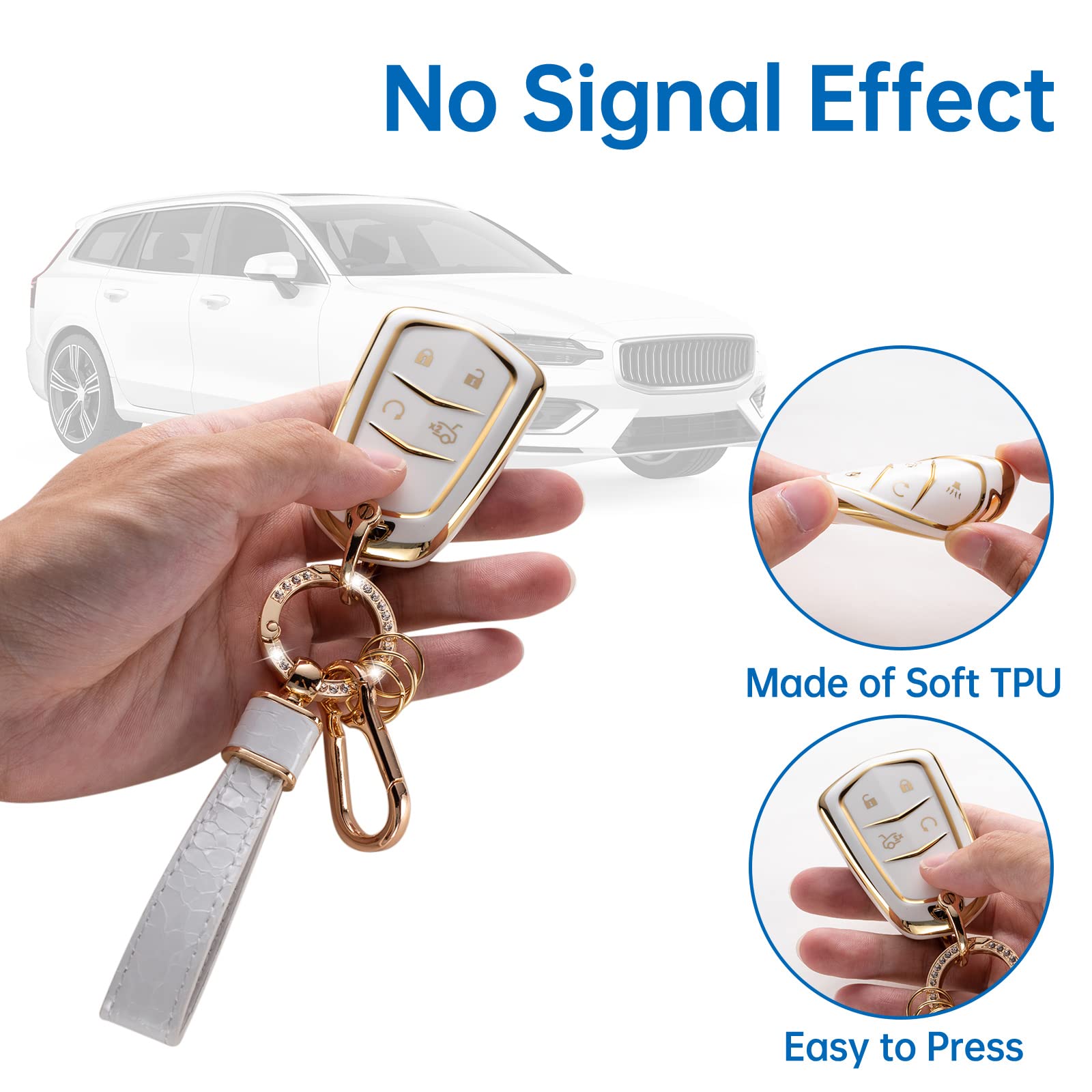 Cacarlike For Cadillac Key Fob Cover With Cadillac Keychain, Car Key Fob Case Compatible With Cadillac Escalade Cts Srx Xt5 Ats