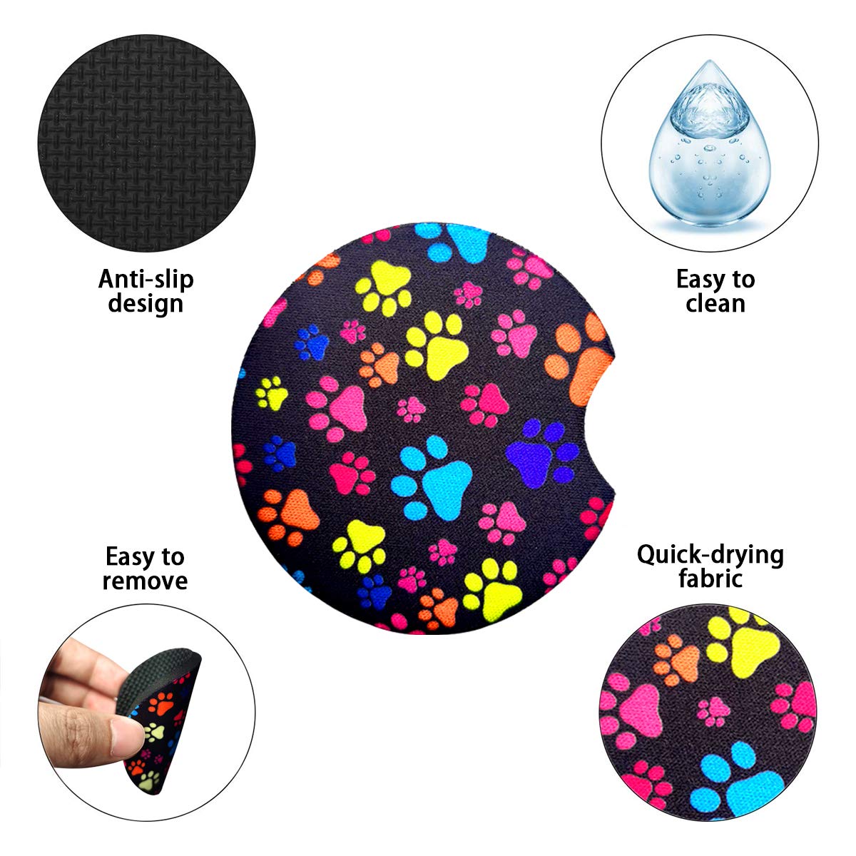 2 Pack Car Coasters For Drinks Absorbent - 2.75 Inch Cute Car Cup Holder Coasters For Women, Removable Cup Holder Coaster For Your Car, Car Interior Accessories For Women & Girls (Cat'S Footprints)