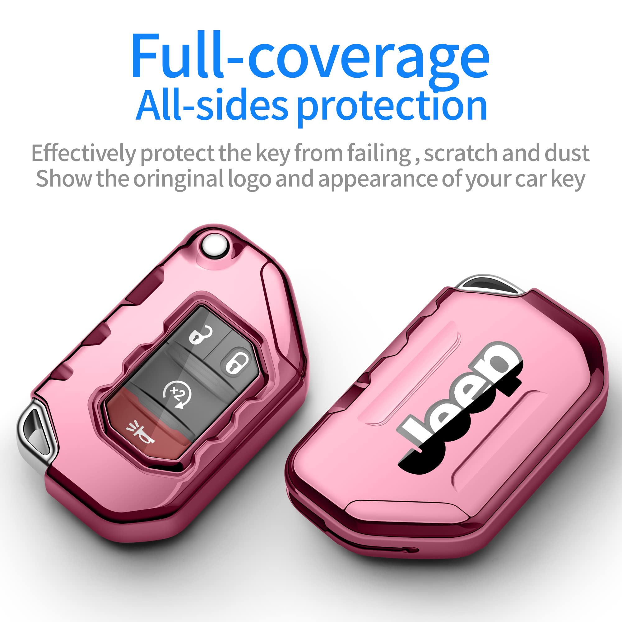 Autophone Compatible With Jeep Key Fob Cover With Leather Keychain Soft Tpu Protection Key Case For 2018 2019 2020 2021 Wrangler Jl Gladiator Remote Key (Pink)