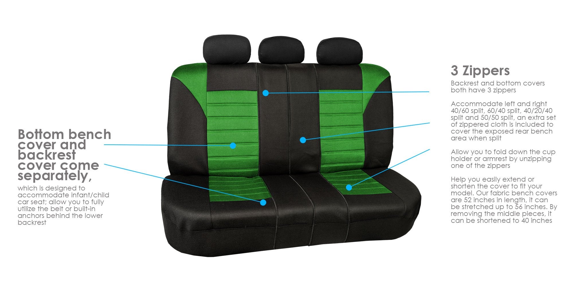 Fh Group Automotive Car Seat Covers Full Set Premium 3D Air Mesh Green And Black Seat Covers, Airbag Compatible And Split Bench