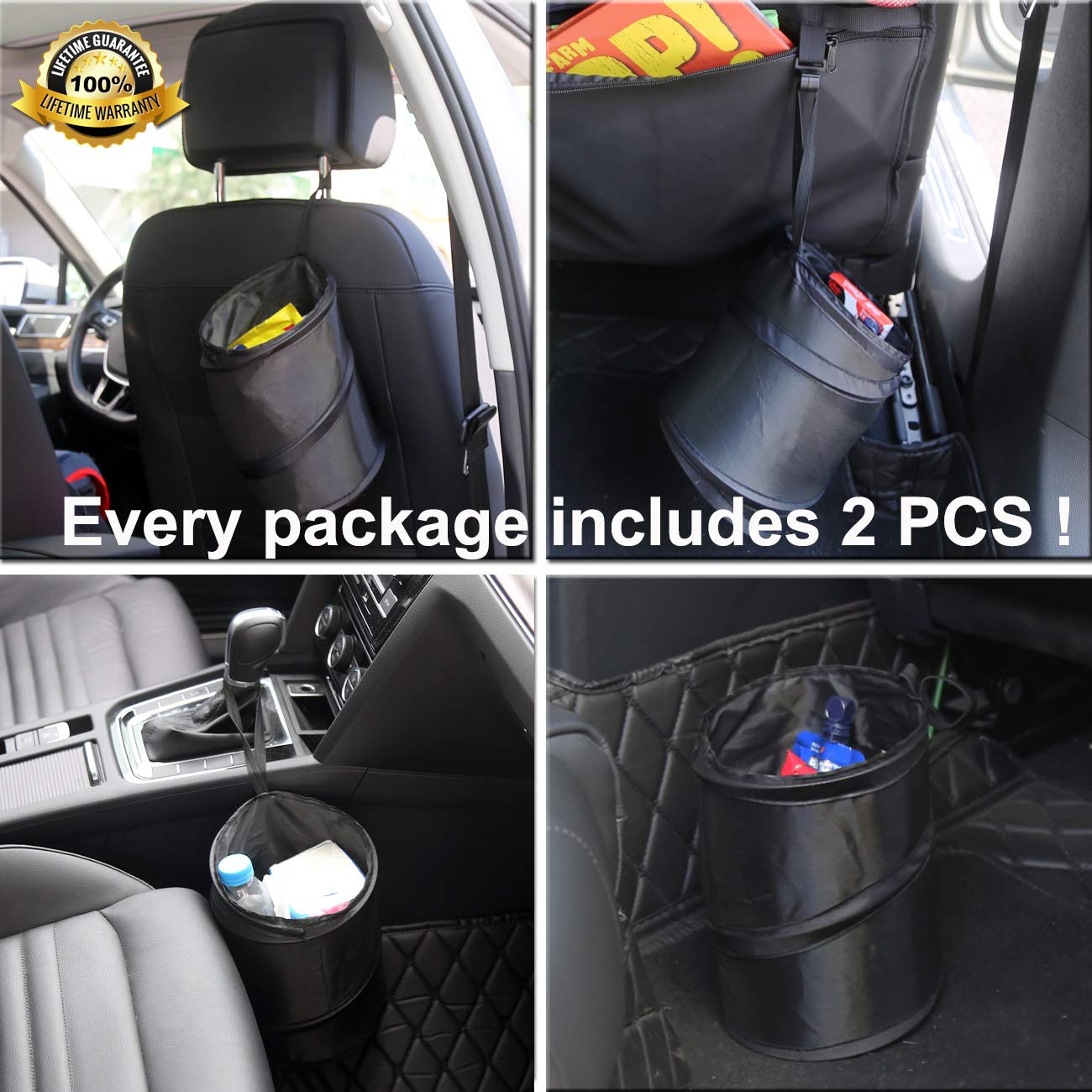 Kitbest 2 Pack Car Trash Can, Leak Proof Garbage Bin, Collapsible Pop-Up Water Proof Bag, Portable Waste Basket Bin, Rubbish Bin (Black)