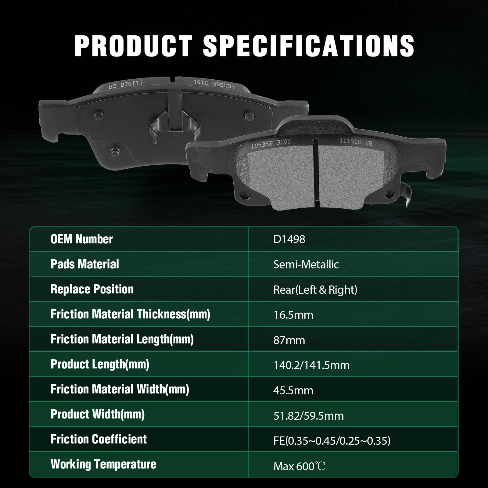 Automuto 4Pcs Rear Semi-Metallic Disc Brake Pads Set D1498 For Dodge For Durango 2011-2018,For Jeep Grand Cherokee 2011-2019