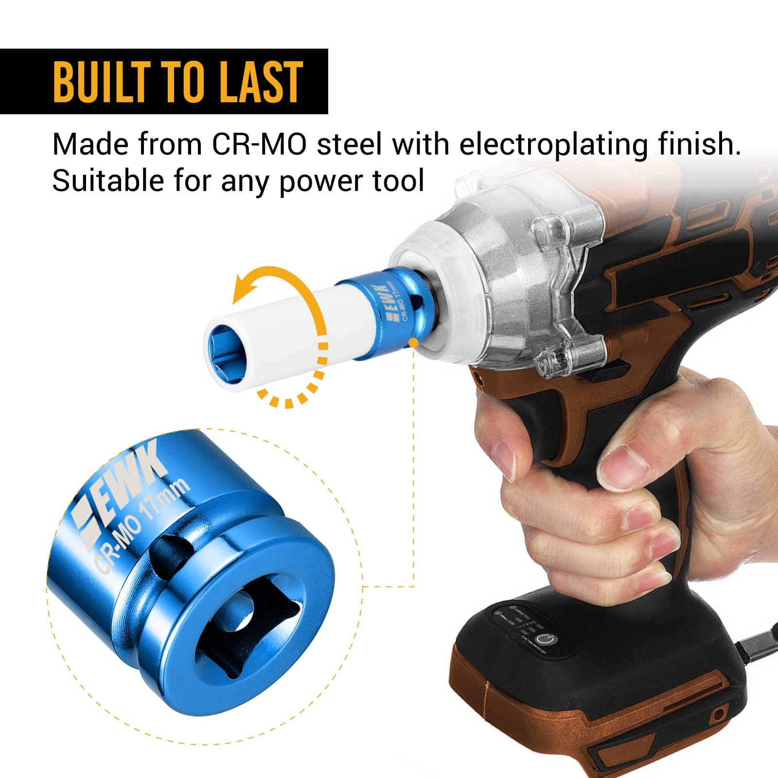 Ewk 3 Pcs 1/2'' Drive 17 19 21 Mm Lug Nut Impact Socket Set, Non-Marring Thin Wall Wheel Rim Protector Sockets, Cr-Mo, Mertic