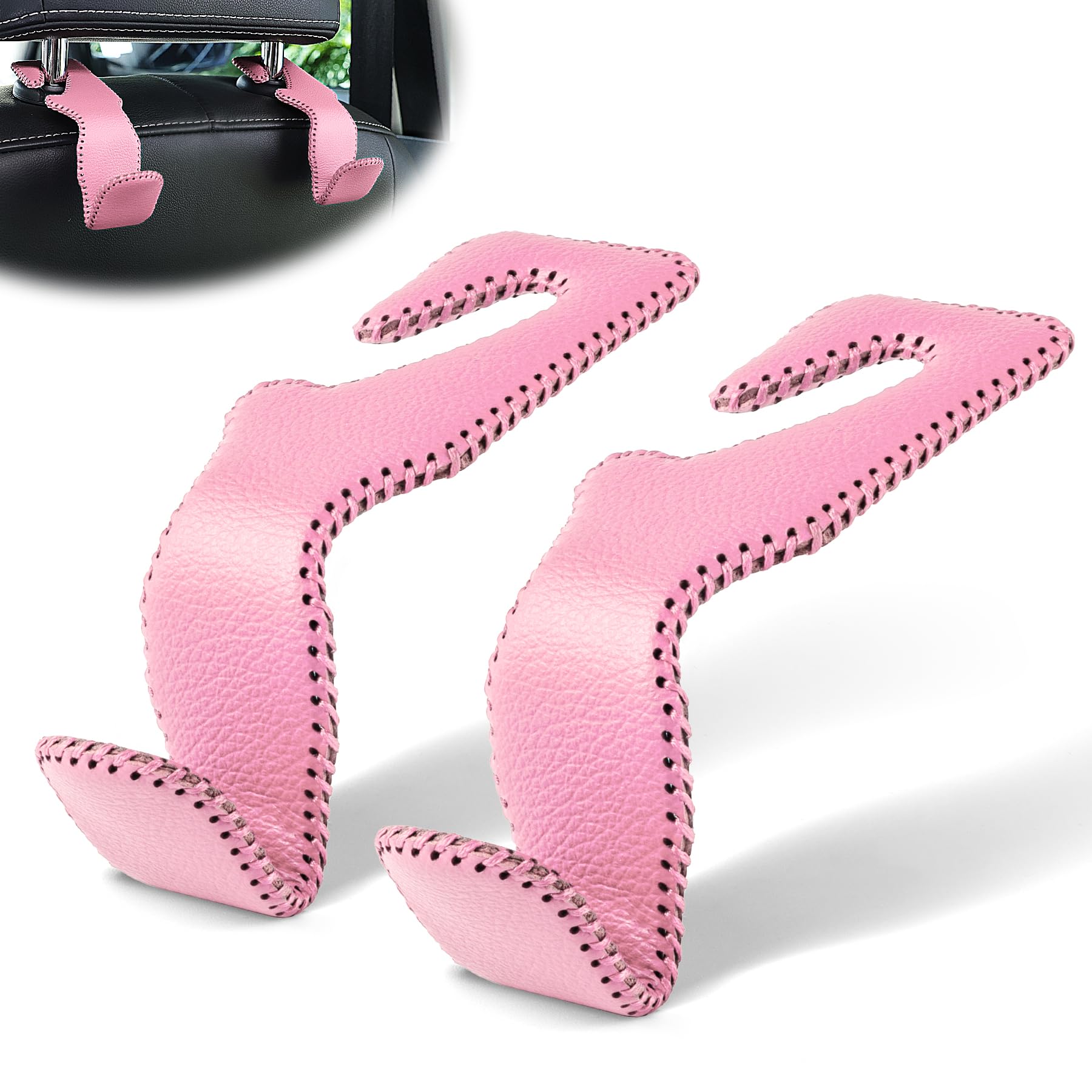 Livtee Headrest Hook For Car, Back Seat Organizer Pink Leather Hanger Holder Hook, Interior Car Accessories For Hanging Purses B