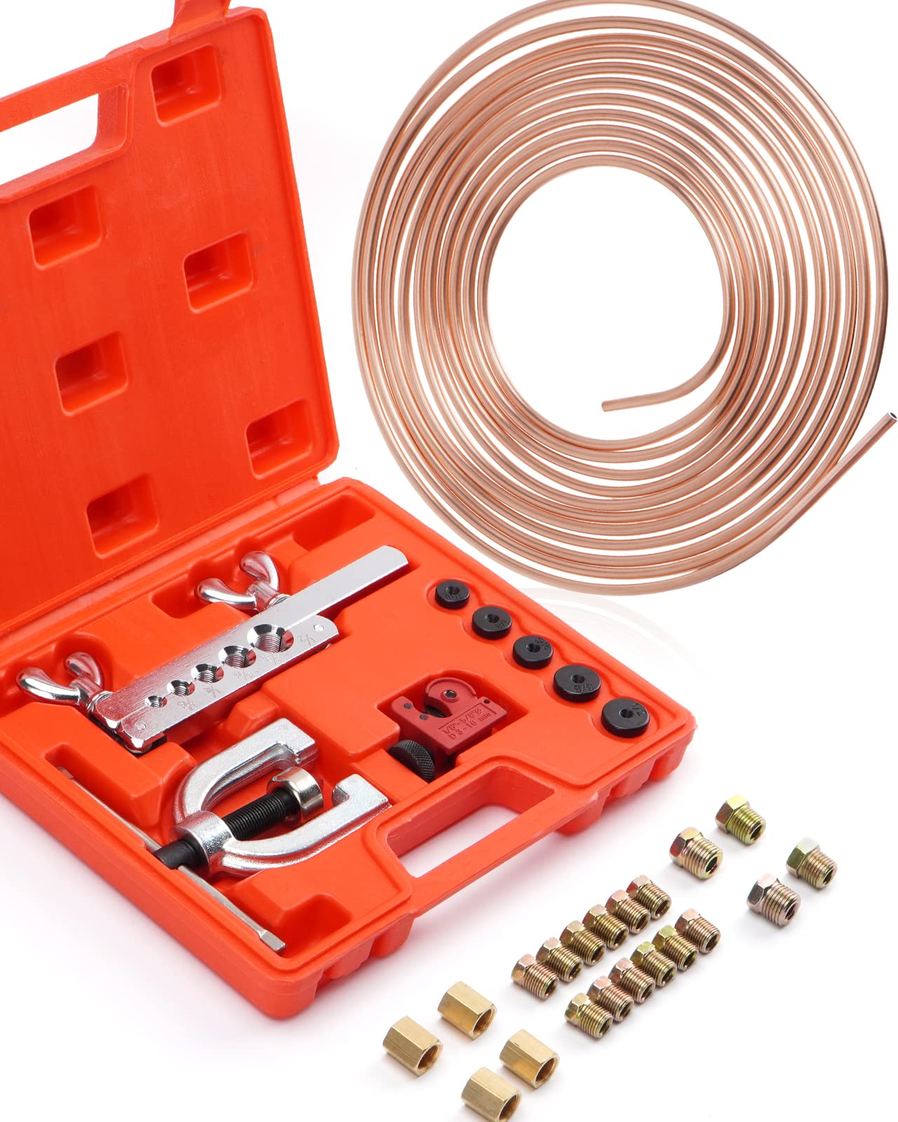 Racewill 25 ft 1/4'' Copper Coated Brake Line Kit (Includes 16 Fittings and 4 Unions Brake Line Fittings) + Brake Line Double & 