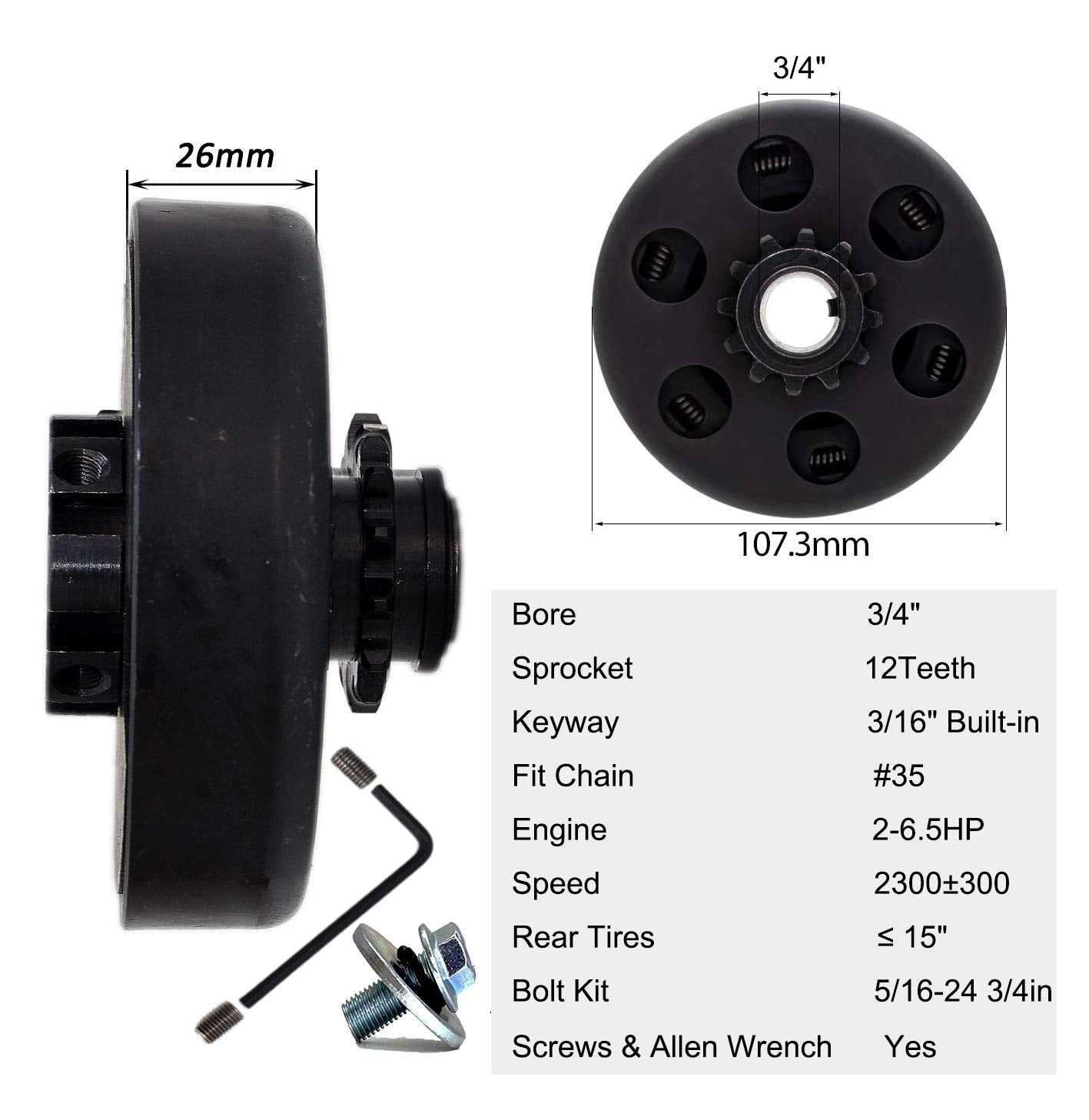 FDJ Predator 212 Mini Bike Clutch 12 Tooth 3/4 with Screws, Allen Wrench, Bolts & Nuts Kit - Durable Performance Upgrade
