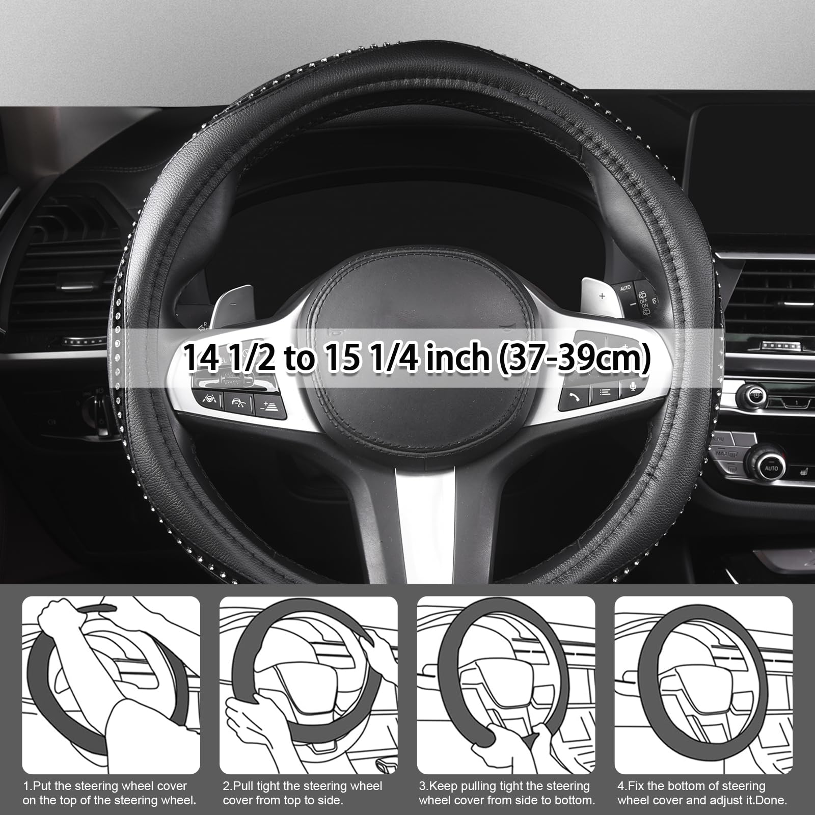 Autoyouth Steering Wheel Cover, Crystal Studded Rhinestone Bling Styling For Car, Suv, Truck Heavy Duty, Anti-Slip, Excellent Grip Standard Size 15 Inch…