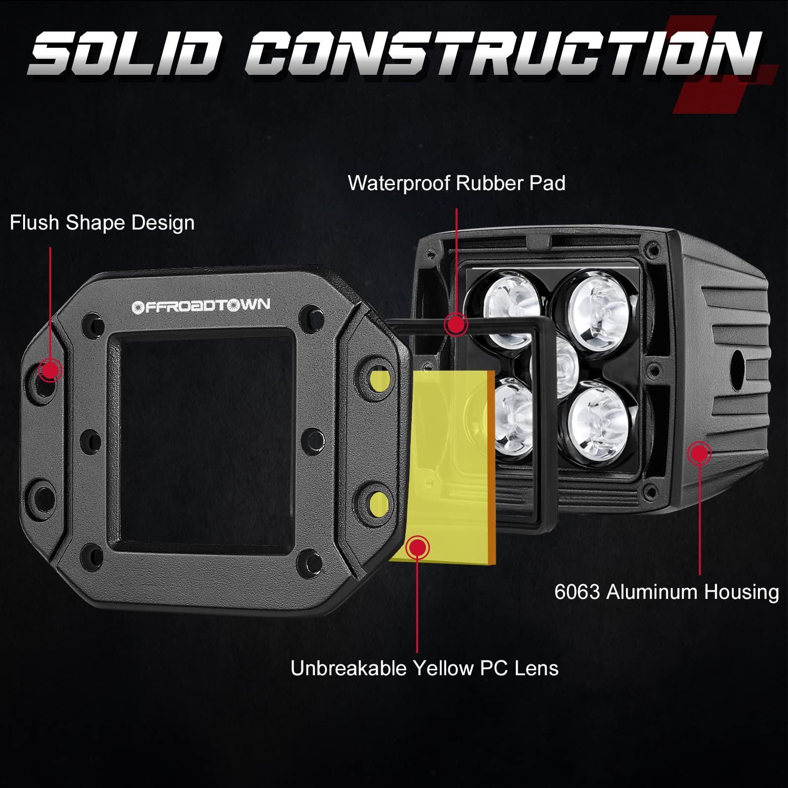 Yellow Flush Mount Led Pods, Offroadtown 5 Inch Cree Flush Led Pods 2Pcs 100W Spot Off Road Driving Lights Reverse Lights Fog Lights Flush Led Pod Lights For Trucks Utv Atv Suv Jeep Honda Boat