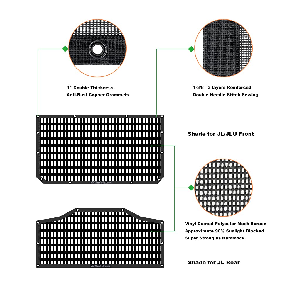 Shadeidea Jl Sun Shade For Jeep Wrangler 2 Door Top Sunshade (2018-2023), Front & Rear - Black Mesh Screen Wrangler Cover, Uv Bl