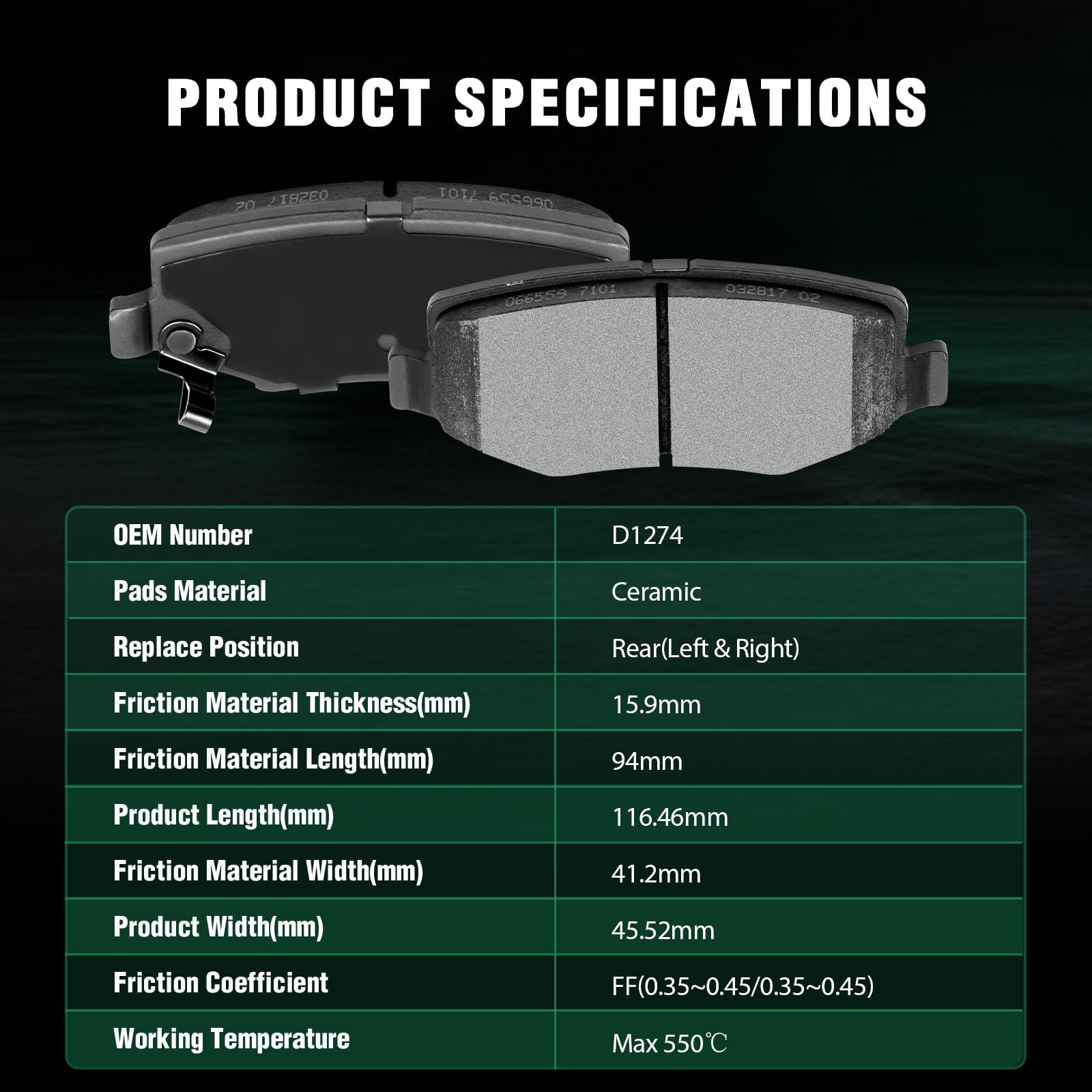 Automuto 4Pcs Rear Ceramic Disc Brake Pads Set D1274 For Dodge Nitro 2007-2011, For Jeep Liberty 2008-2012, Jeep Wrangler 2007-2