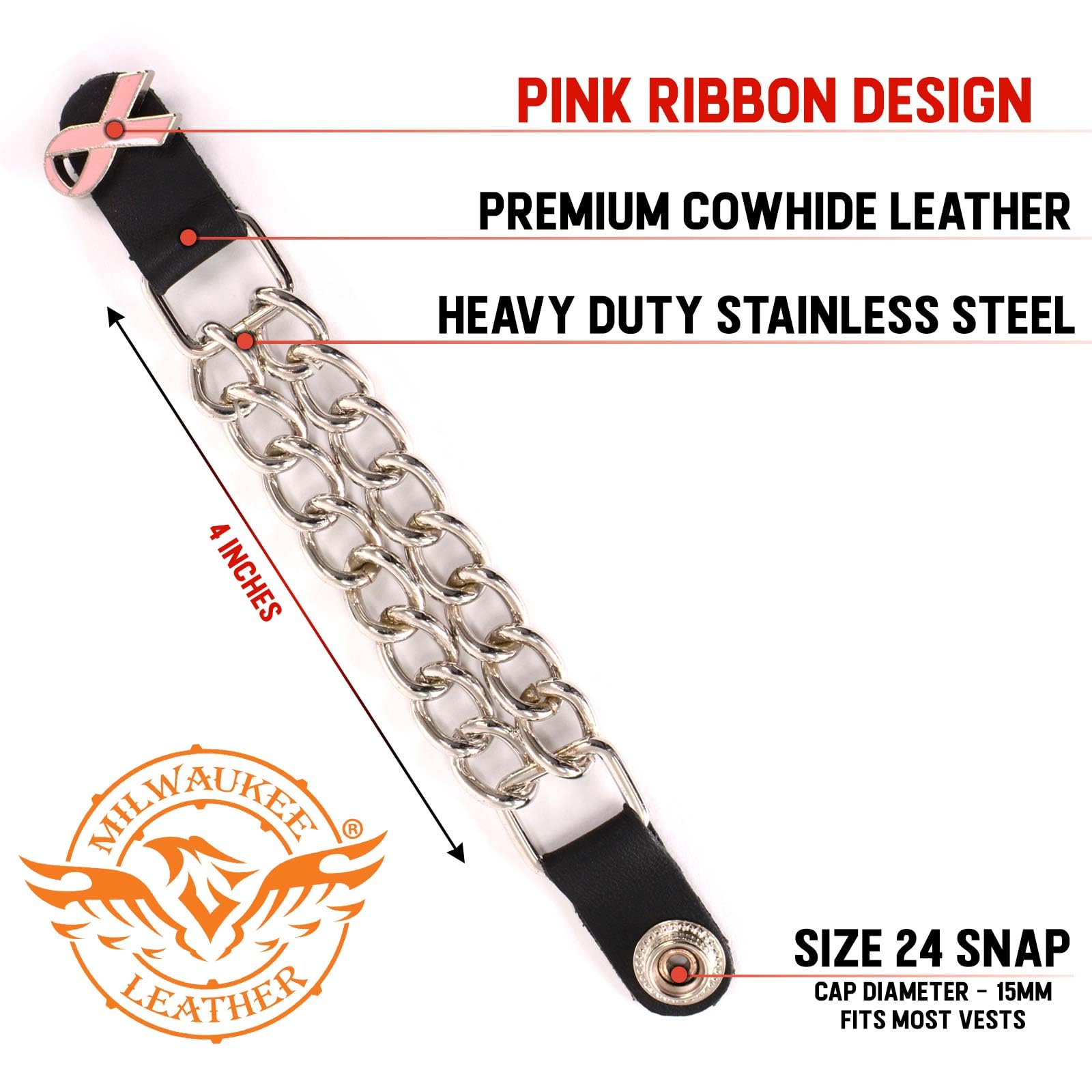 Milwaukee Leather MLA6021SET Pink Ribbon 4-PCS Vest Extender Double Chrome Chains w/Genuine Leather 4 Extension - 4 Inch