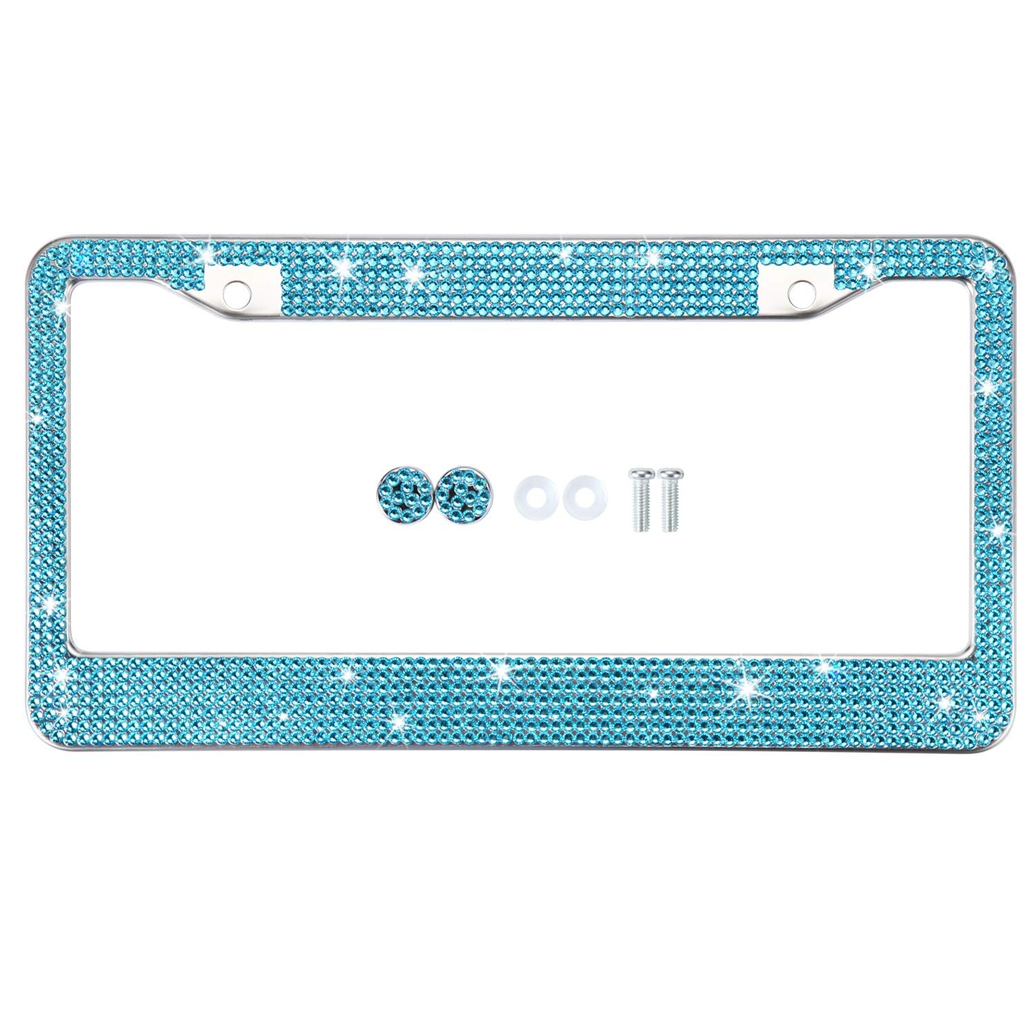 Tzarrot Blue Rhinestone Bling License Plate Frames For Women, Metal Rust-Proof License Plate Cover Bling Car Accessories For Wom