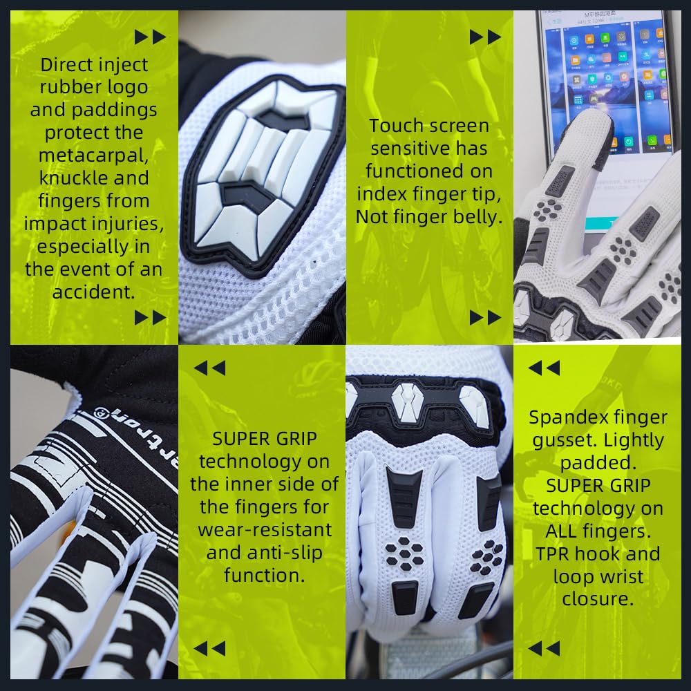Seibertron Dirtpaw Full Finger Gloves, Adult Size L, White, Spandex, BMX/MX ATV Motocross Cycling Sports Gloves