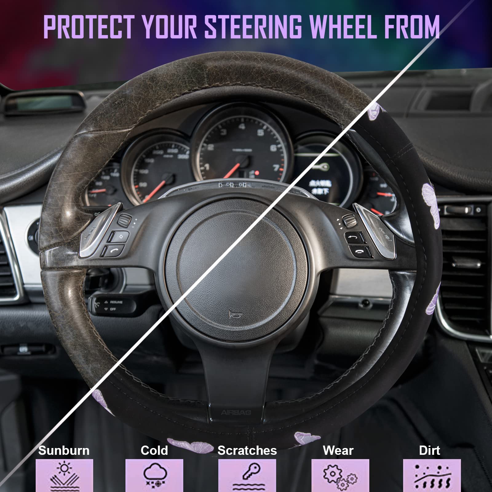 Car Pass Purple Embroidery Butterfly Steering Wheel Cover, Universal 15 Inch Car Wheel Cover for Women Girls, Fit for Suvs,Small