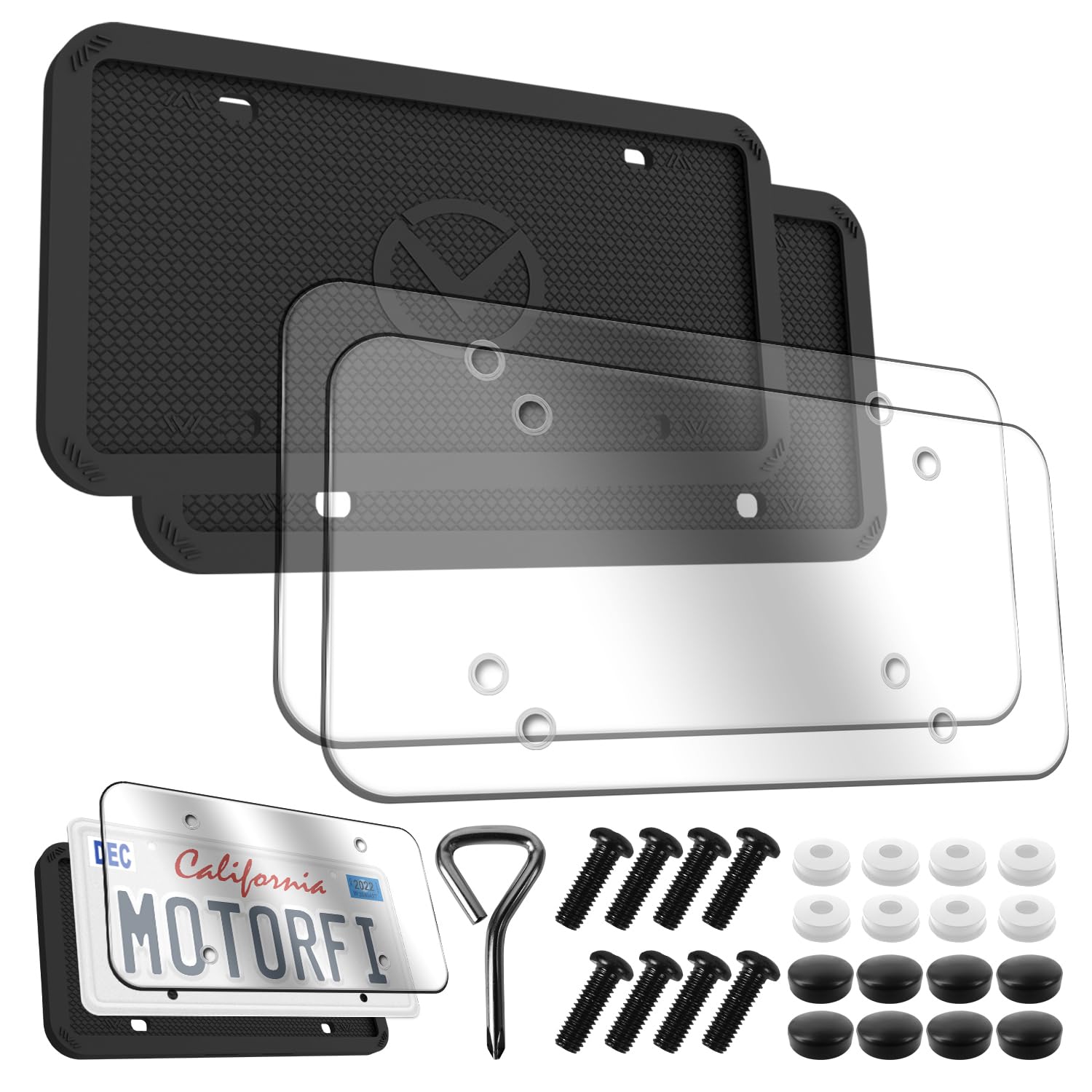 Motorfi 2 Pcs Silicone License Plate Frames With Polycarbonate Covers, Rust-Proof, Weather-Resistant, Easy Installation, Premium