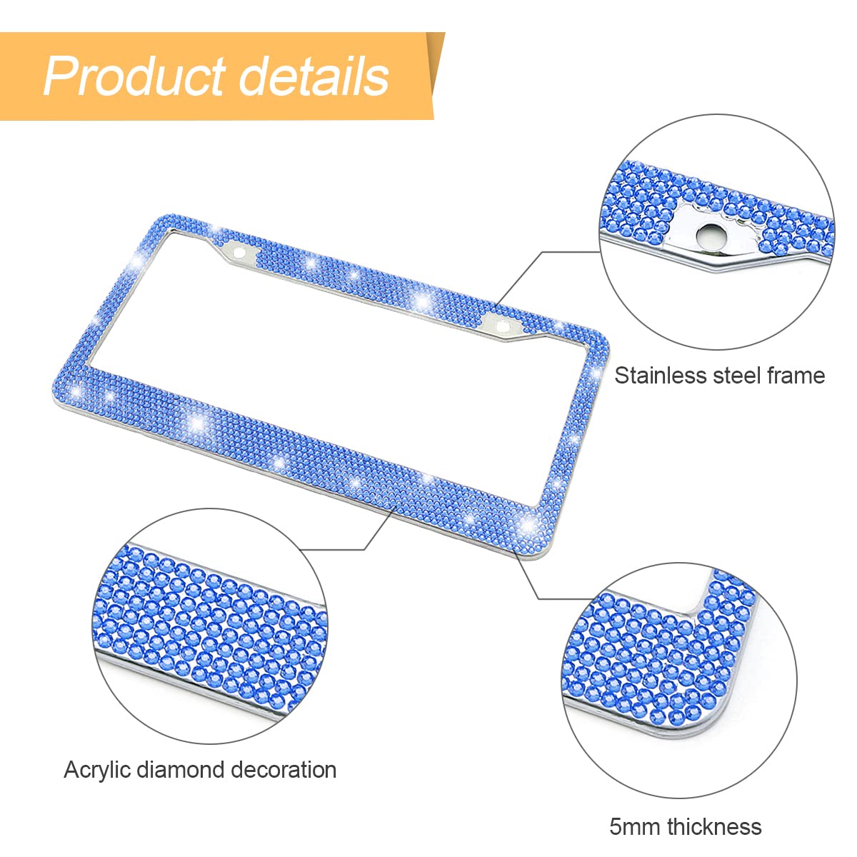 Bling Car License Plate Frame, Sparkly Rhinestone Stainless Steel License Plate Cover/Holder, Universal For Most Cars, Suvs, Veh