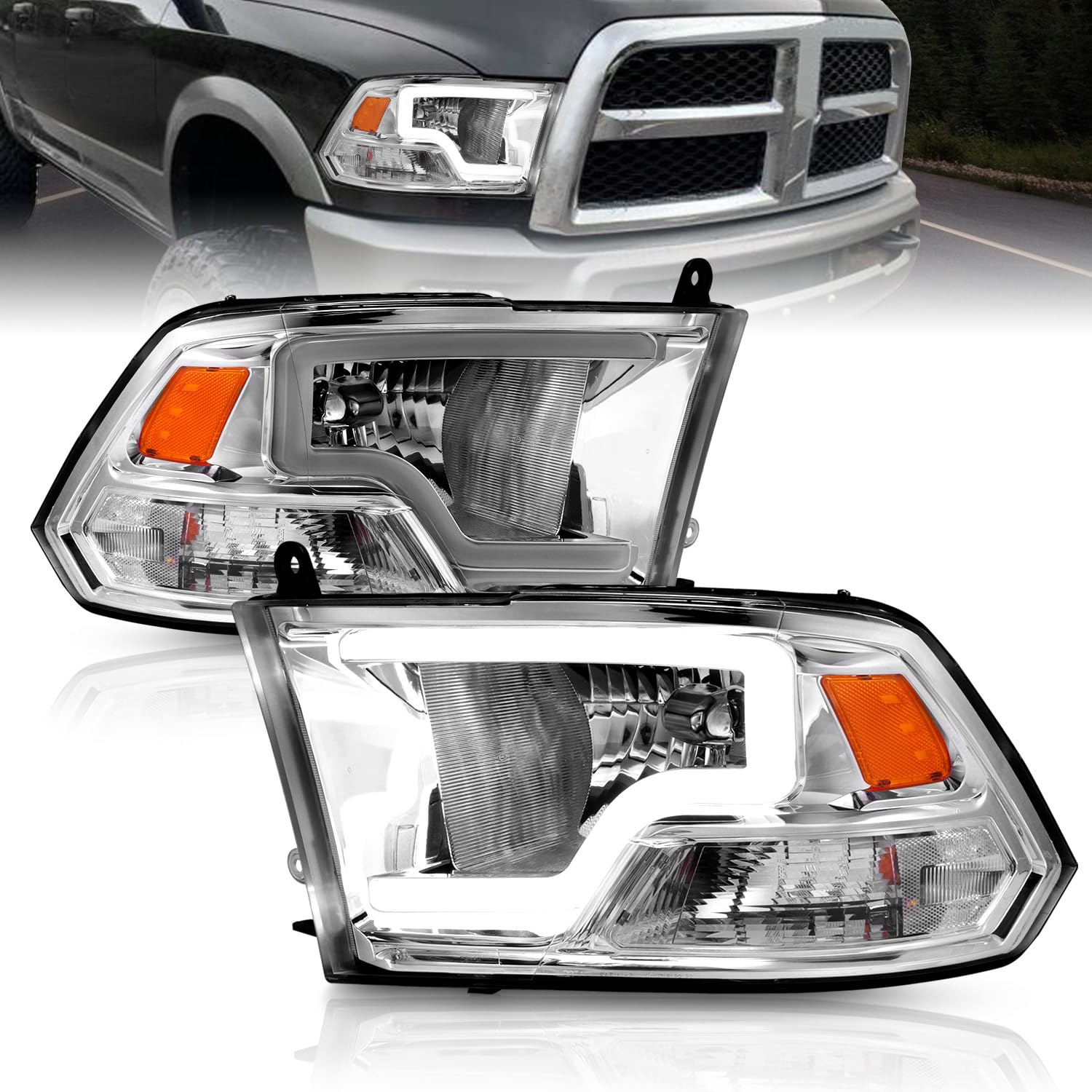 Amerilite For 2009-2018 Dodge Ram 1500 2500 3500 Pickup Led Bar Replacement Chrome Headlights Set - Driver And Passenger Side