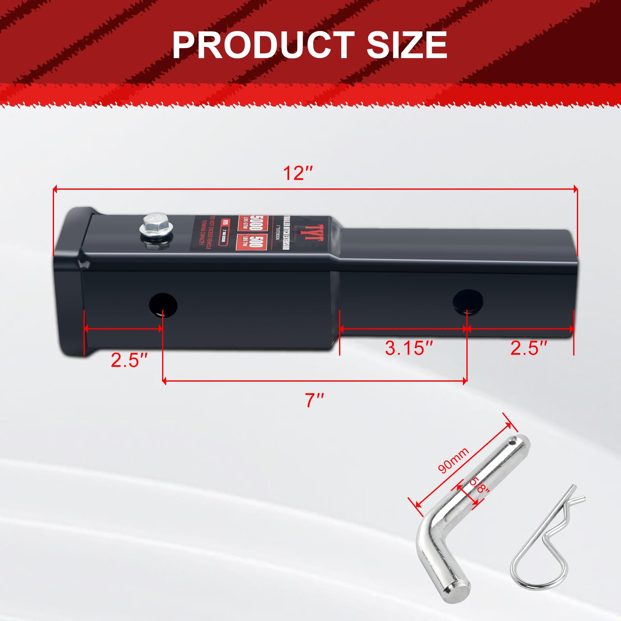 Tyt Trailer Hitch Tube Extender For 2 '' Receiver, 7 Inch Extension Length, With 5/8 Inch Pin And Clip, 5000 Lbs Gtw